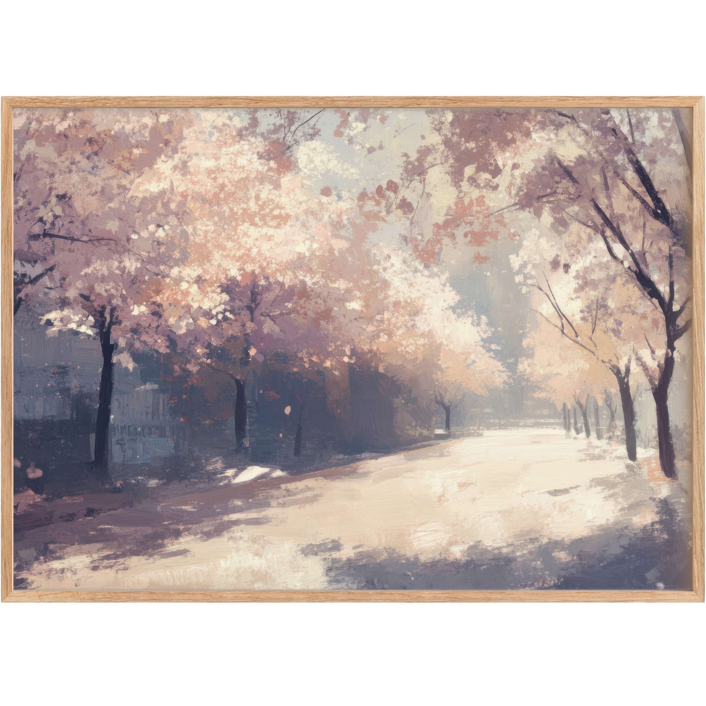 Elegant spring printable wall art capturing a serene path through soft blush and lavender blossoms, evoking calm renewal