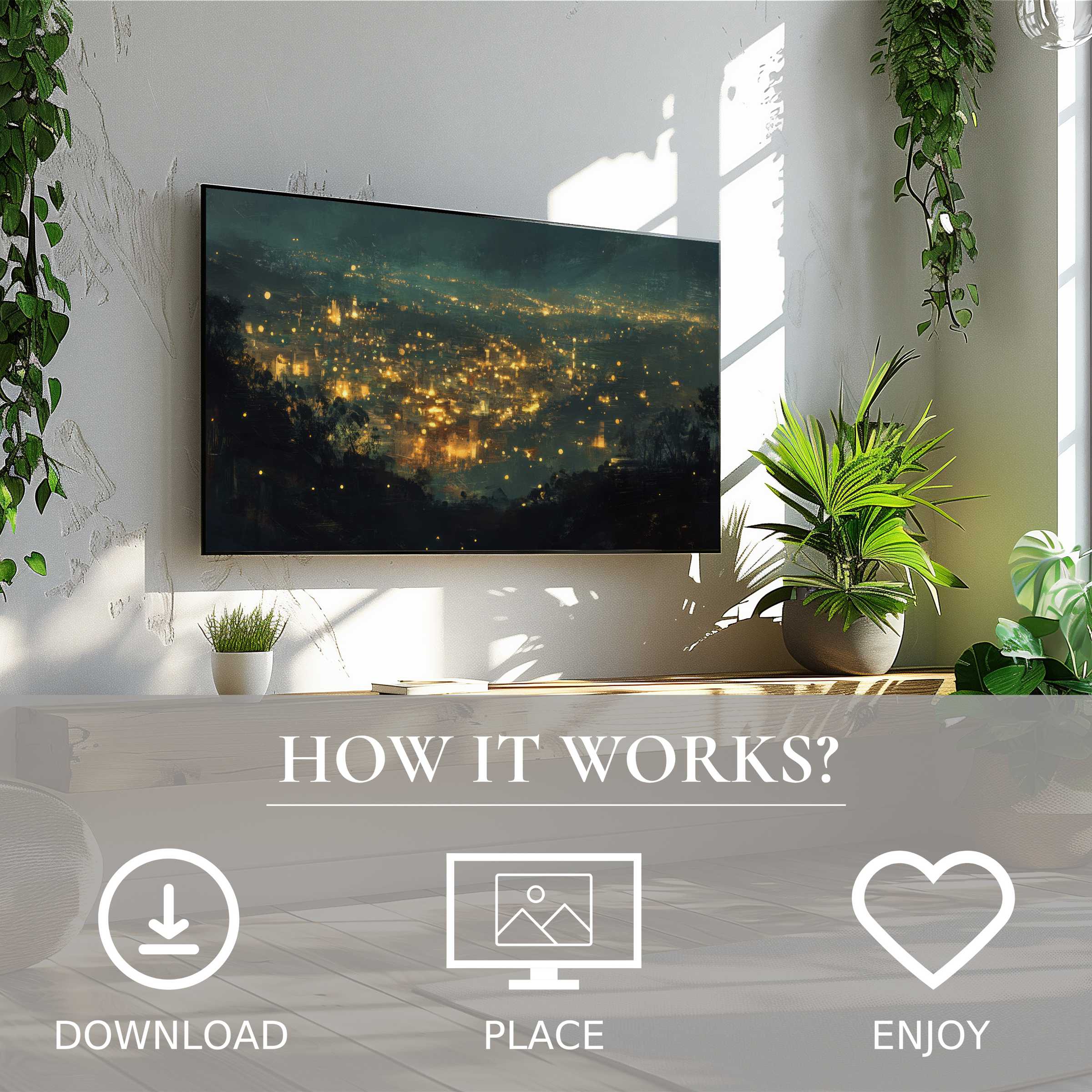 Urban art for Samsung TV: digital download adds glowing cityscape motif, enriching modern living spaces with ease and style