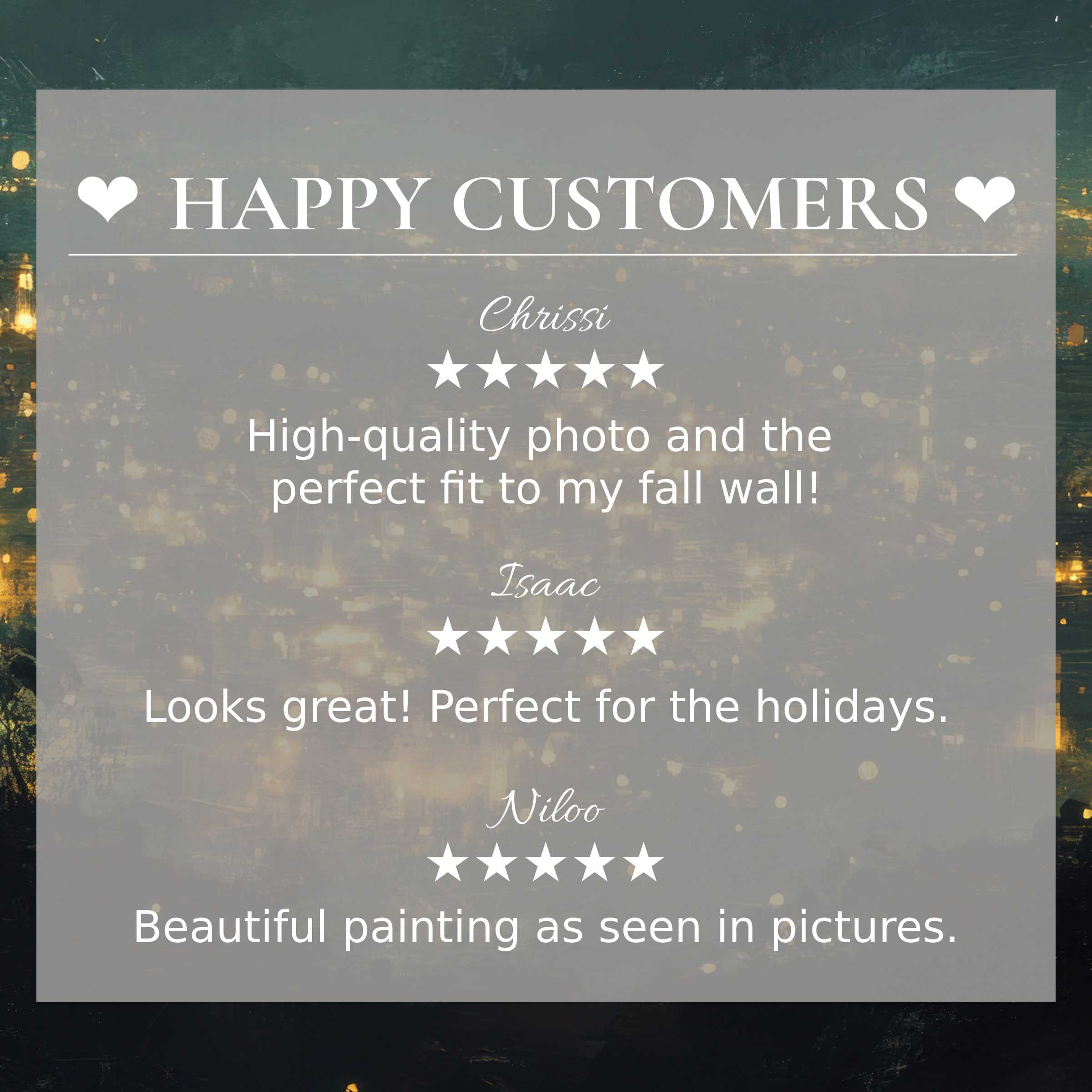 Urban art for Frame TV with abstract sunset tones, showcasing happy customer reviews and elegant, trust-building design
