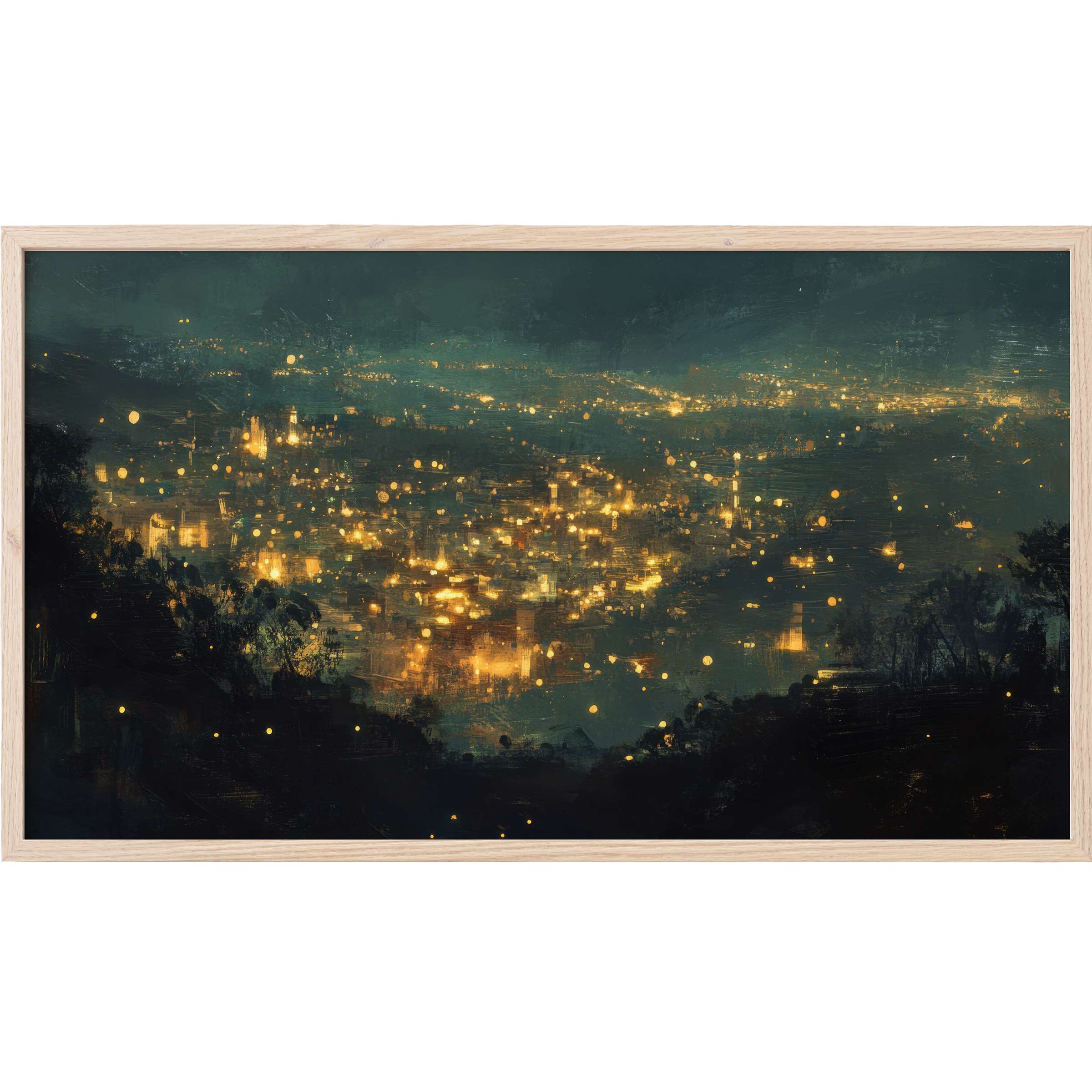 Urban nightscape with shimmering gold lights and deep teal shadows, an elegant urban Frame TV Art statement