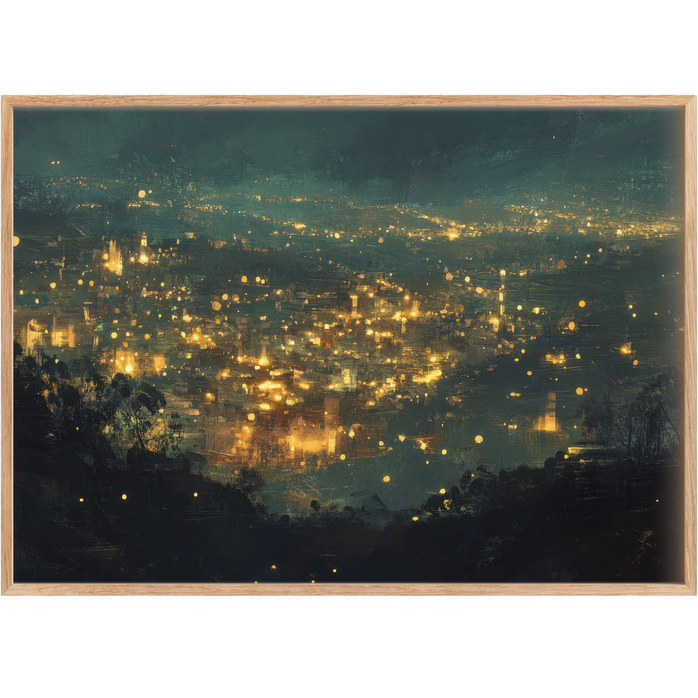 Enigmatic urban printable wall art glowing with golden city lights against deep teal skies, evoking a radiant, atmospheric allure