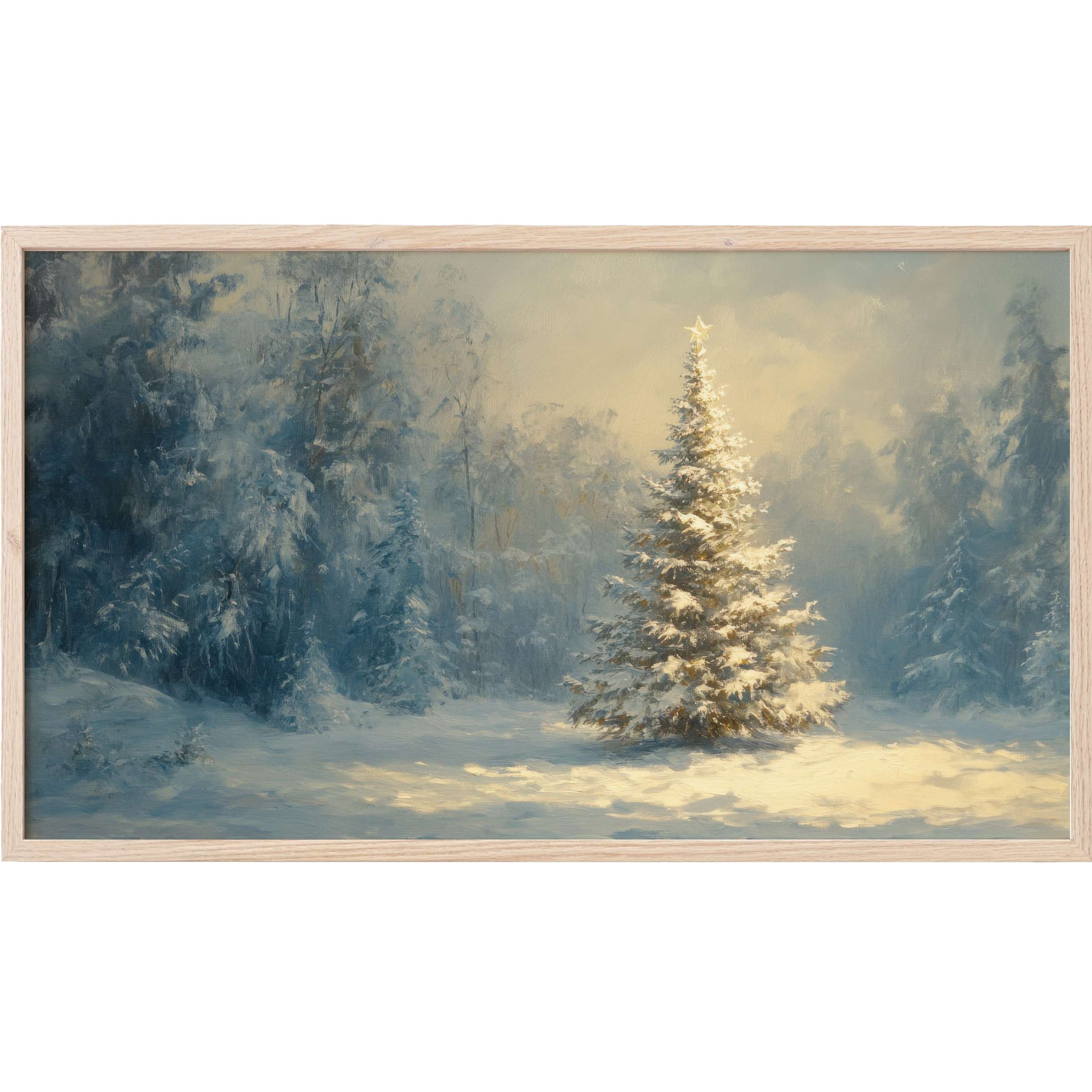 Elegant snowy pine tree aglow in muted blues and warm light, a serene christmas Frame TV Art for modern spaces