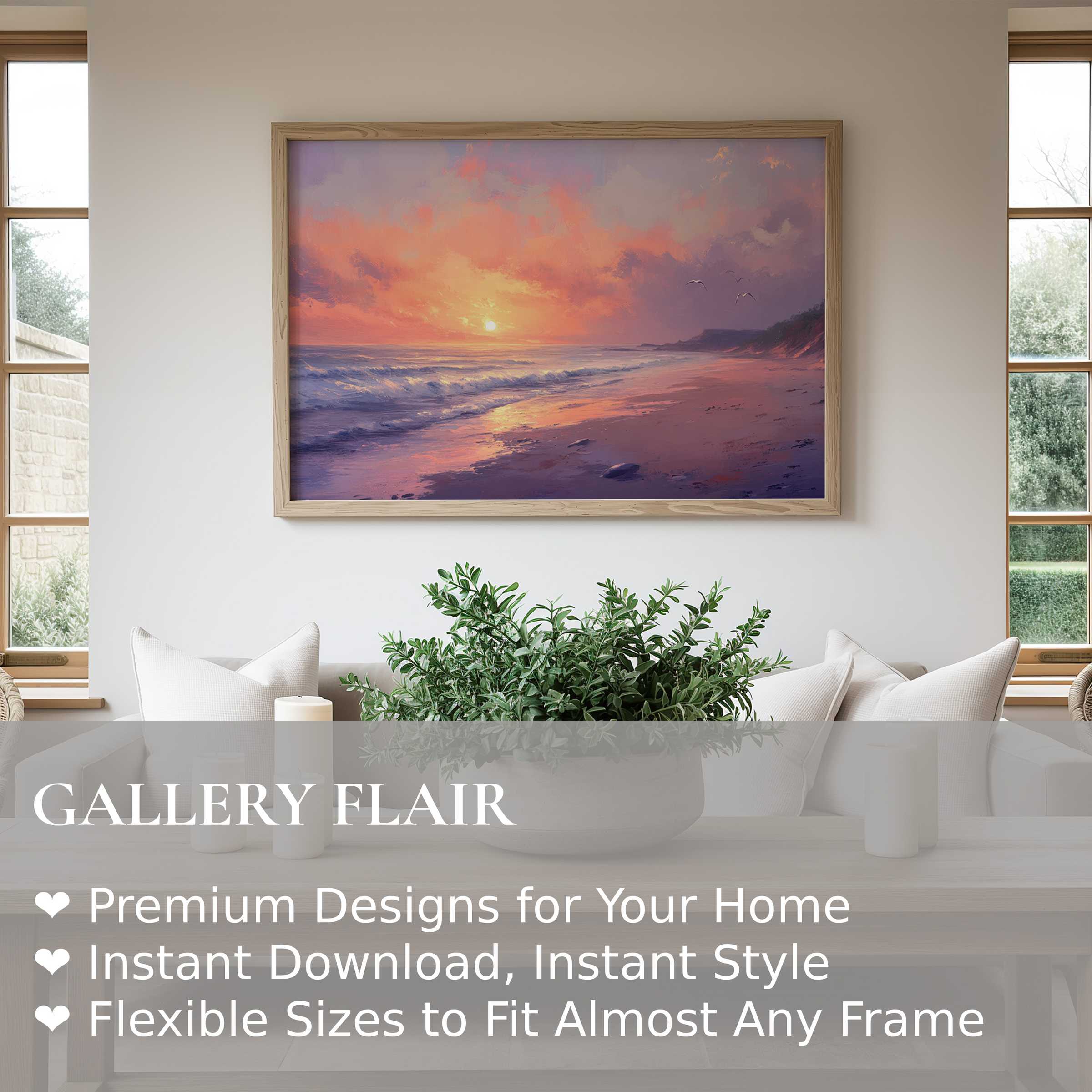 Coastal wall art print capturing a serene sunset beach scene; radiant hues enrich this modern, calming living room ambiance