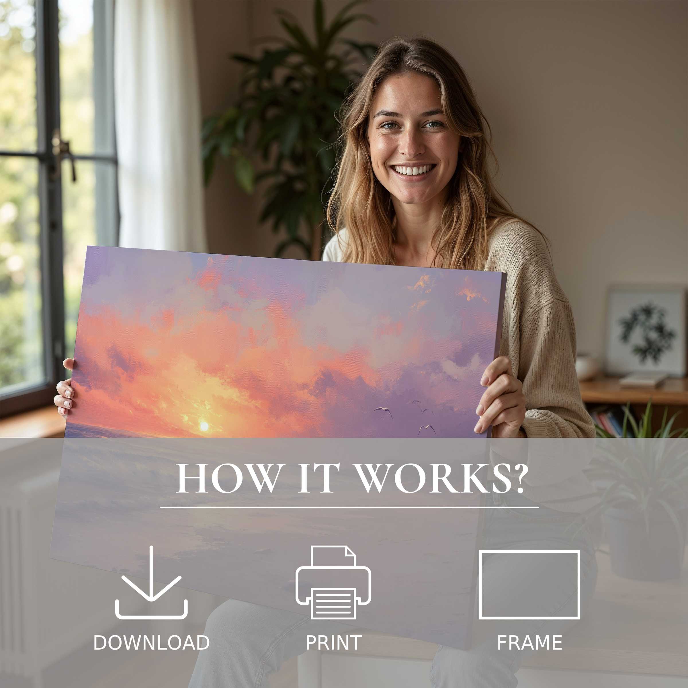 A woman in a modern home beams with joy, embracing a coastal digital art print glowing with soft sunset hues