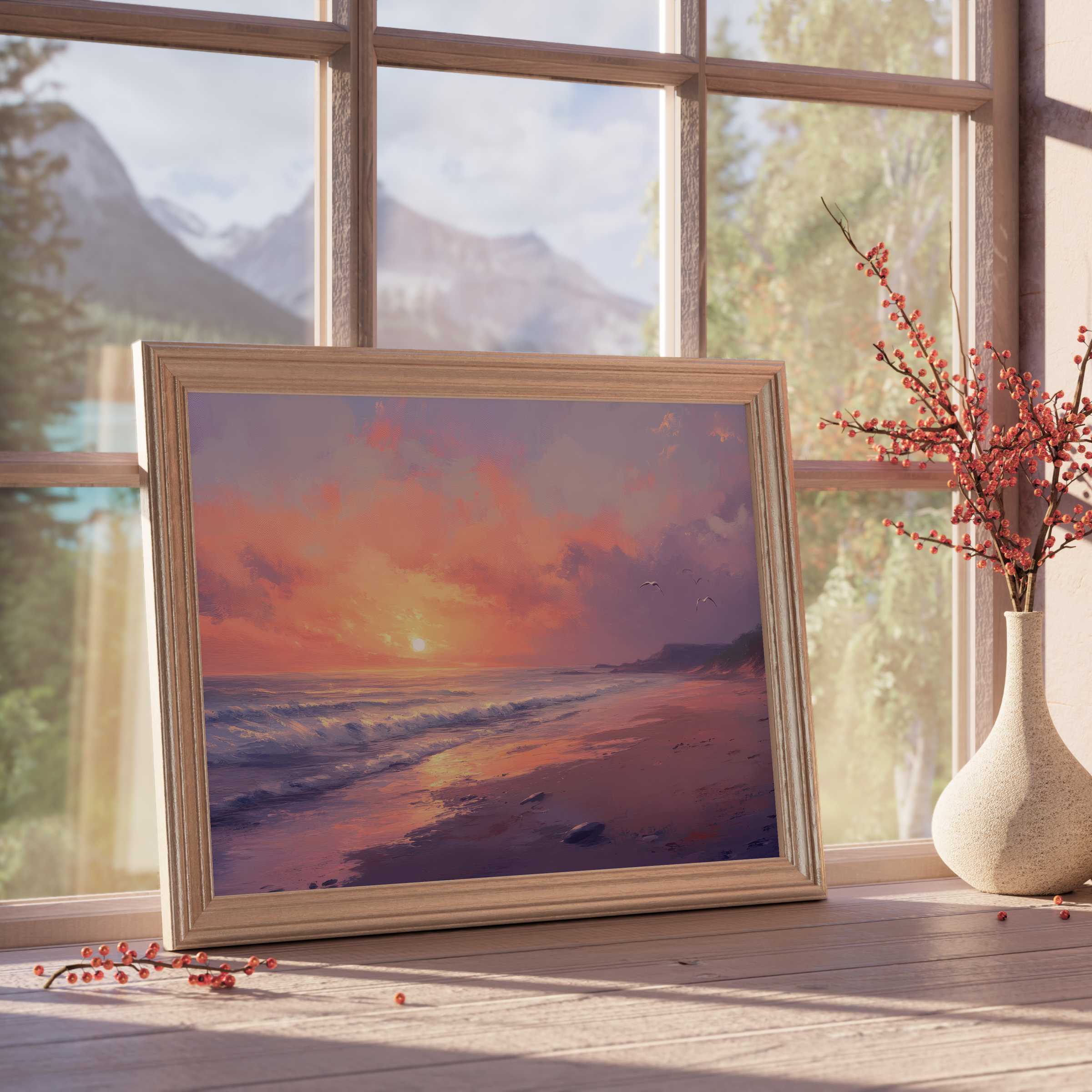 Coastal downloadable art capturing a serene sunset over tranquil waves, enhancing curated, elegant interiors with warm, soothing hues