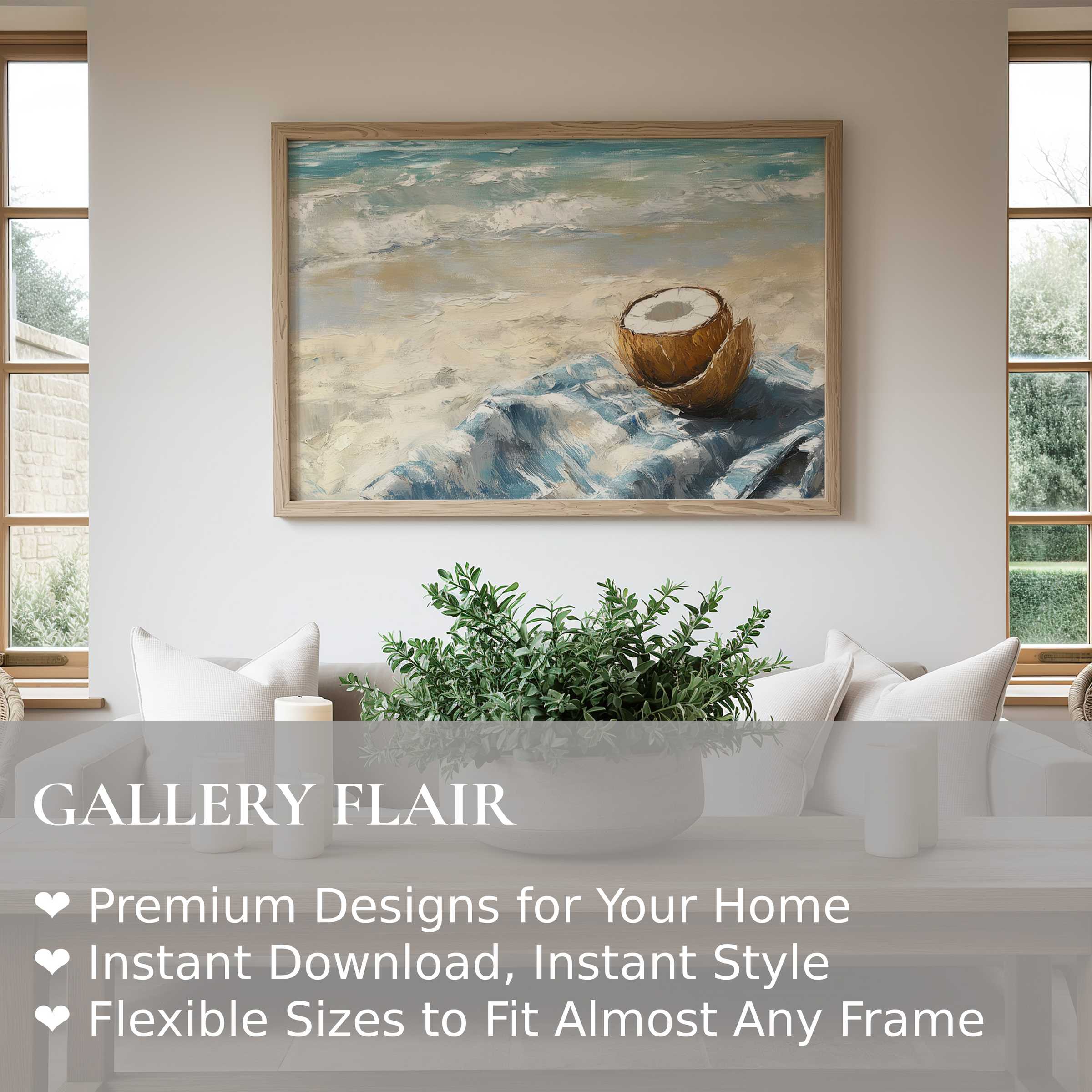 Serene beach wall art print featuring textured ocean waves and coconut, enhancing modern coastal interiors with calming, natural elegance