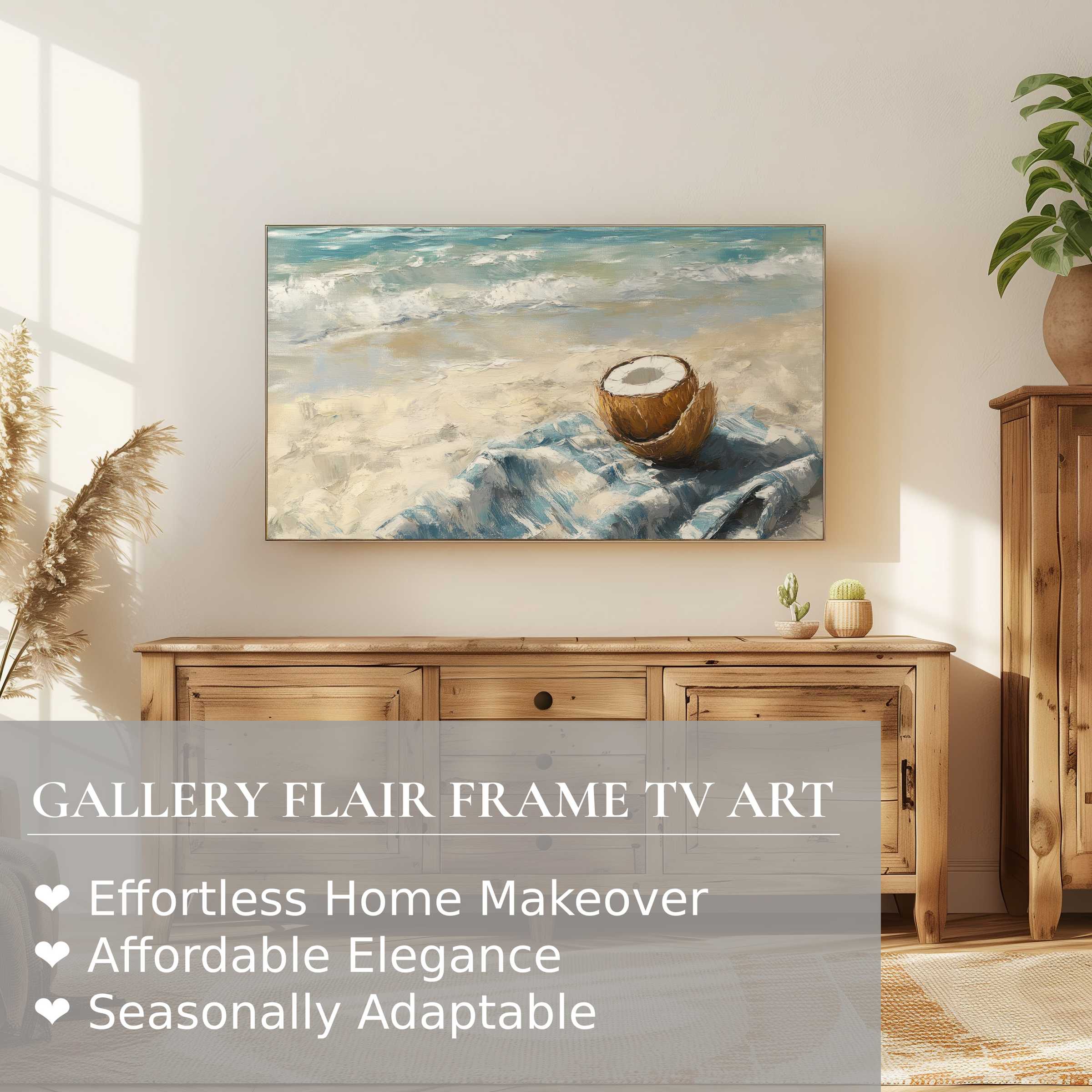 Samsung Frame TV displaying serene beach digital artwork with coconut, blending modern elegance and natural warmth