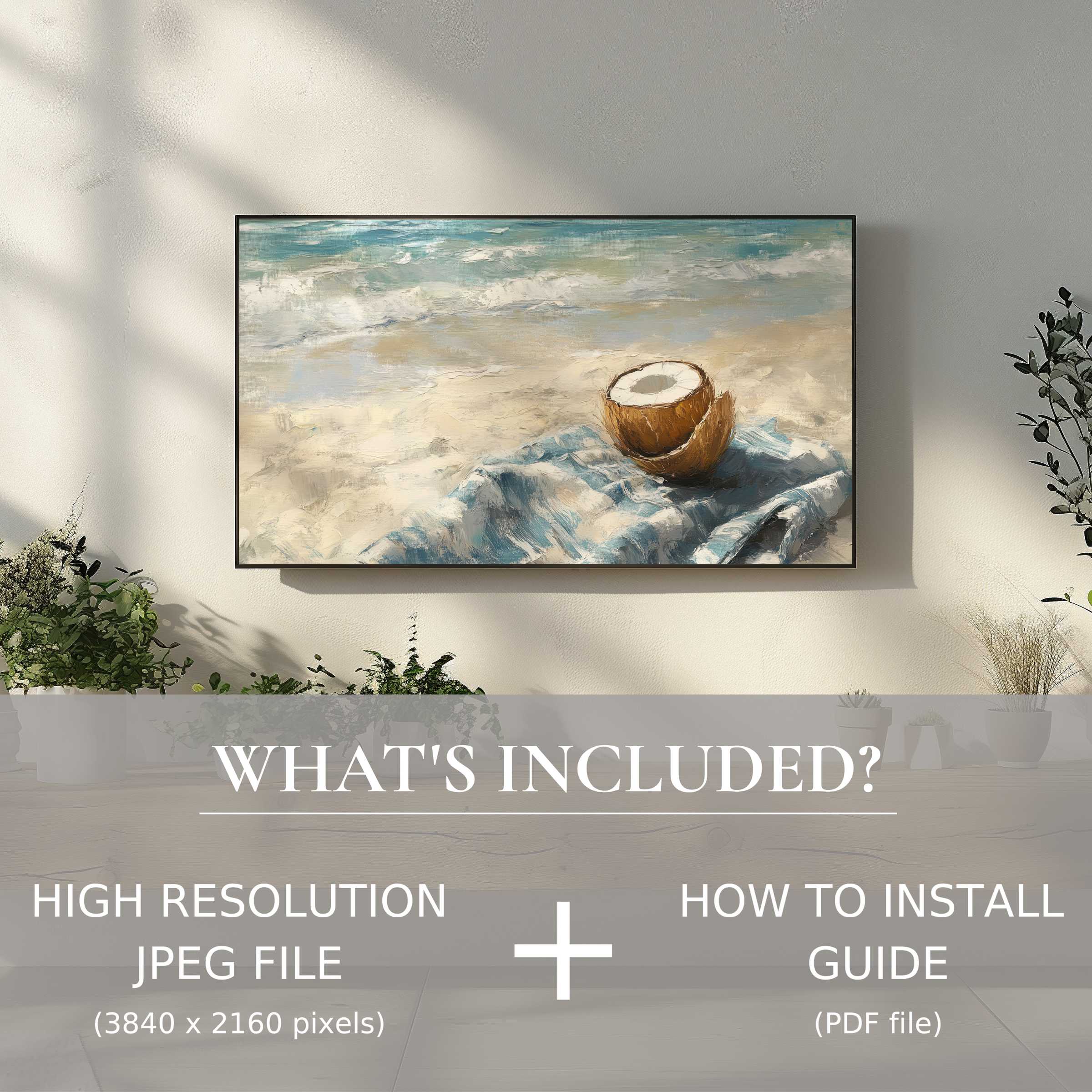 Elegant beach digital TV art download, easy to use, enhances modern living spaces with serene coastal beauty