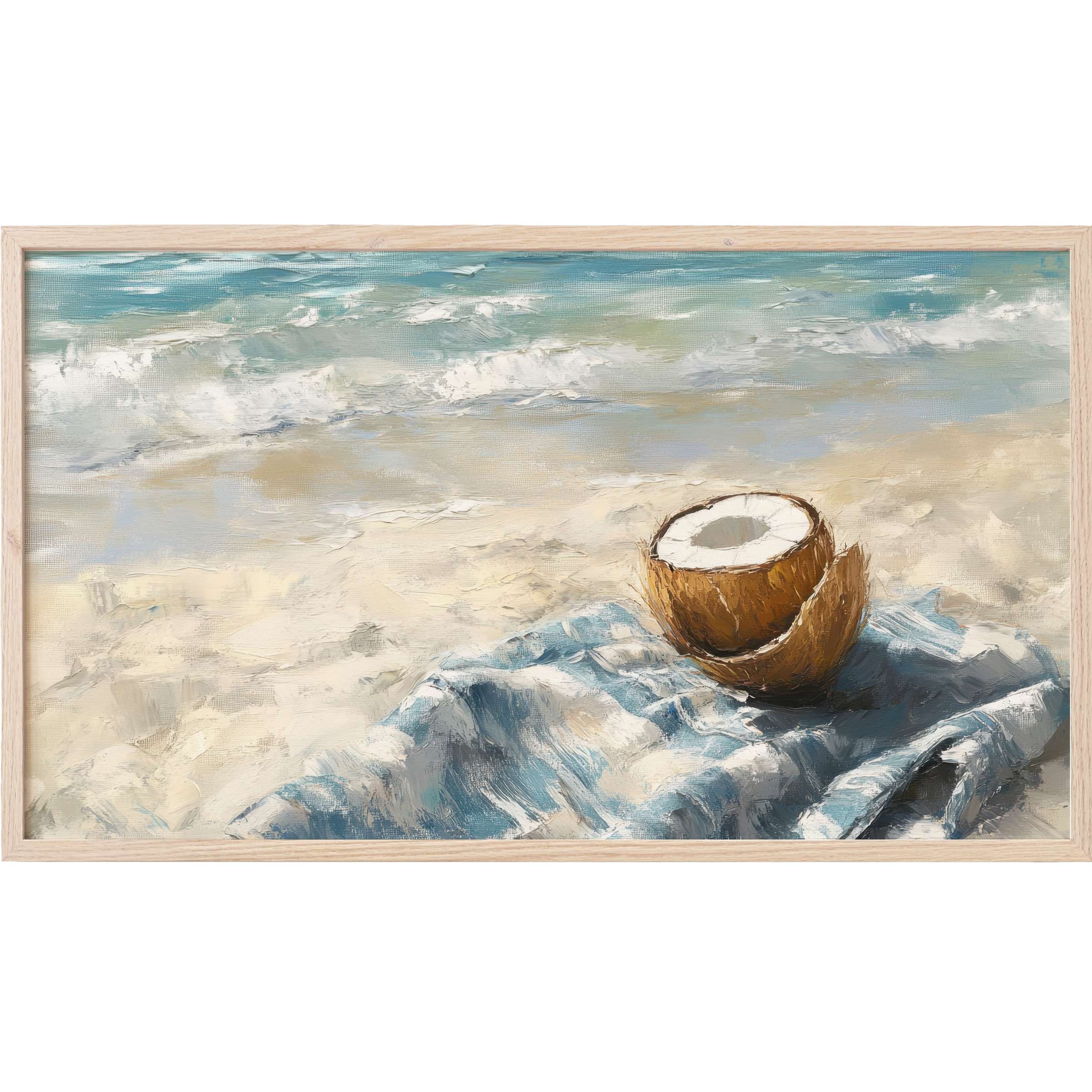 Serene beach scene with textured waves, soft sand, and a halved coconut on a blue cloth, beach Frame TV Art