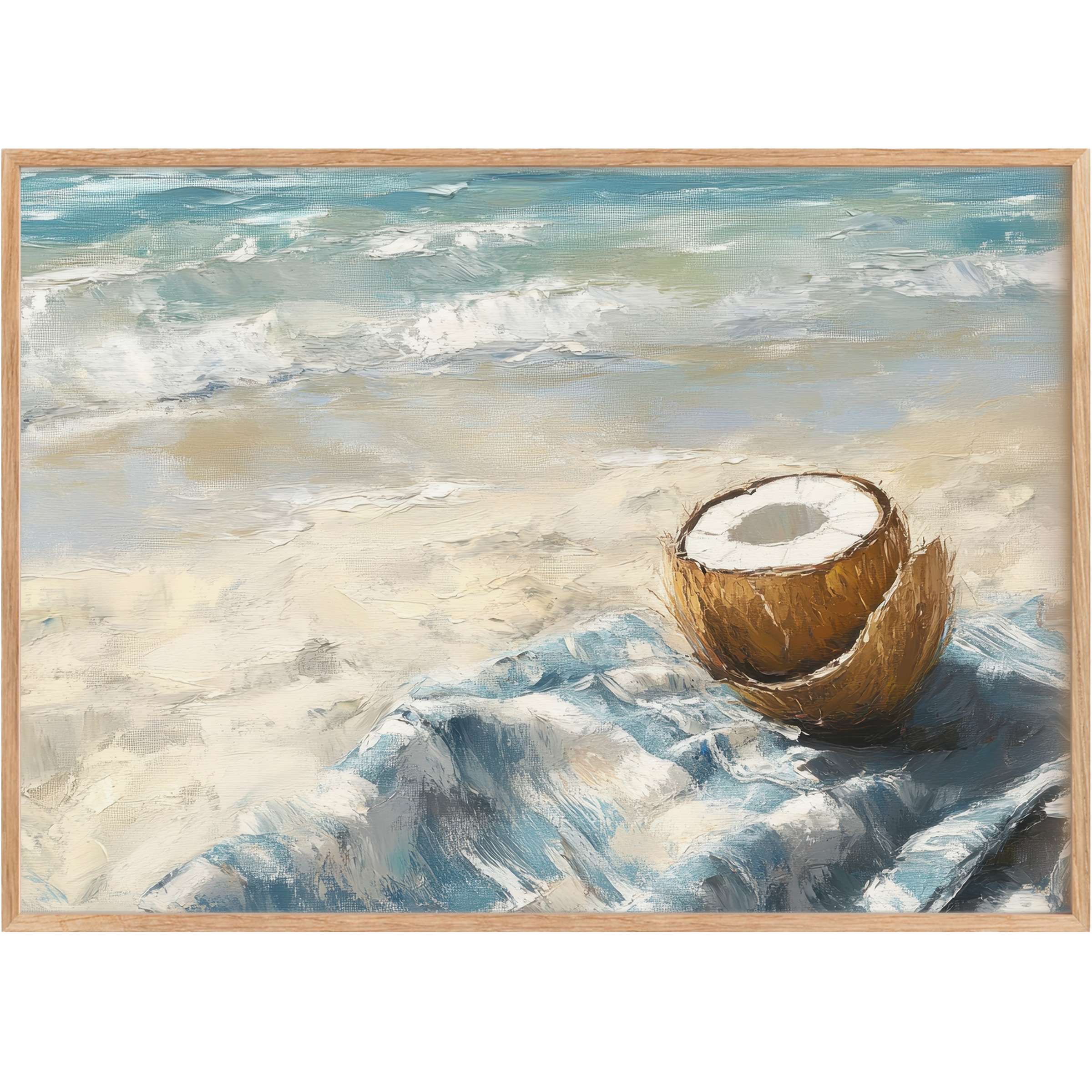 Serene beach printable wall art featuring soft ivory sands, tranquil blue waves, and textured coconut hues for a calming coastal vibe