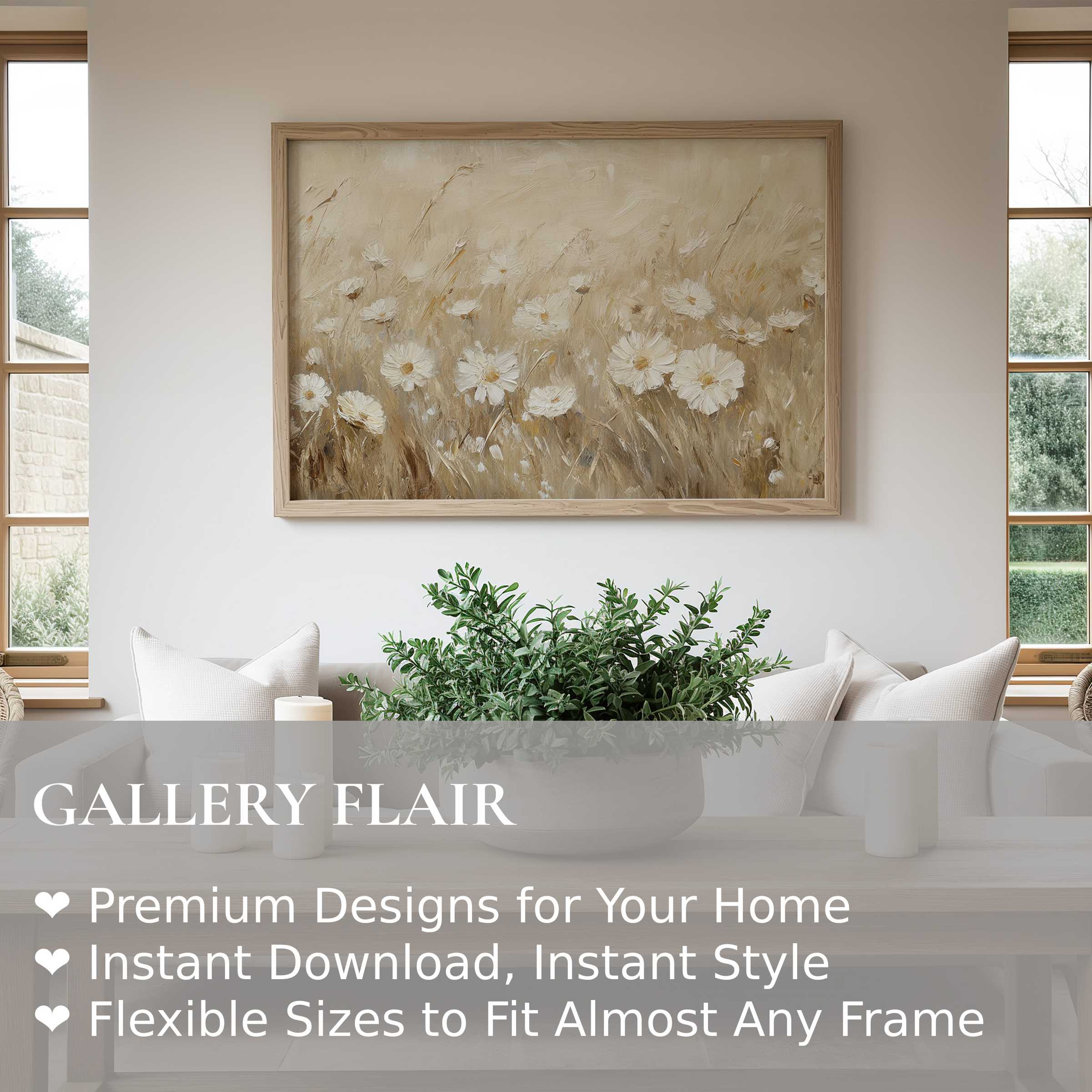 Vintage wall art print of soft white daisies in a muted beige field, enriching serene modern farmhouse interiors with timeless elegance