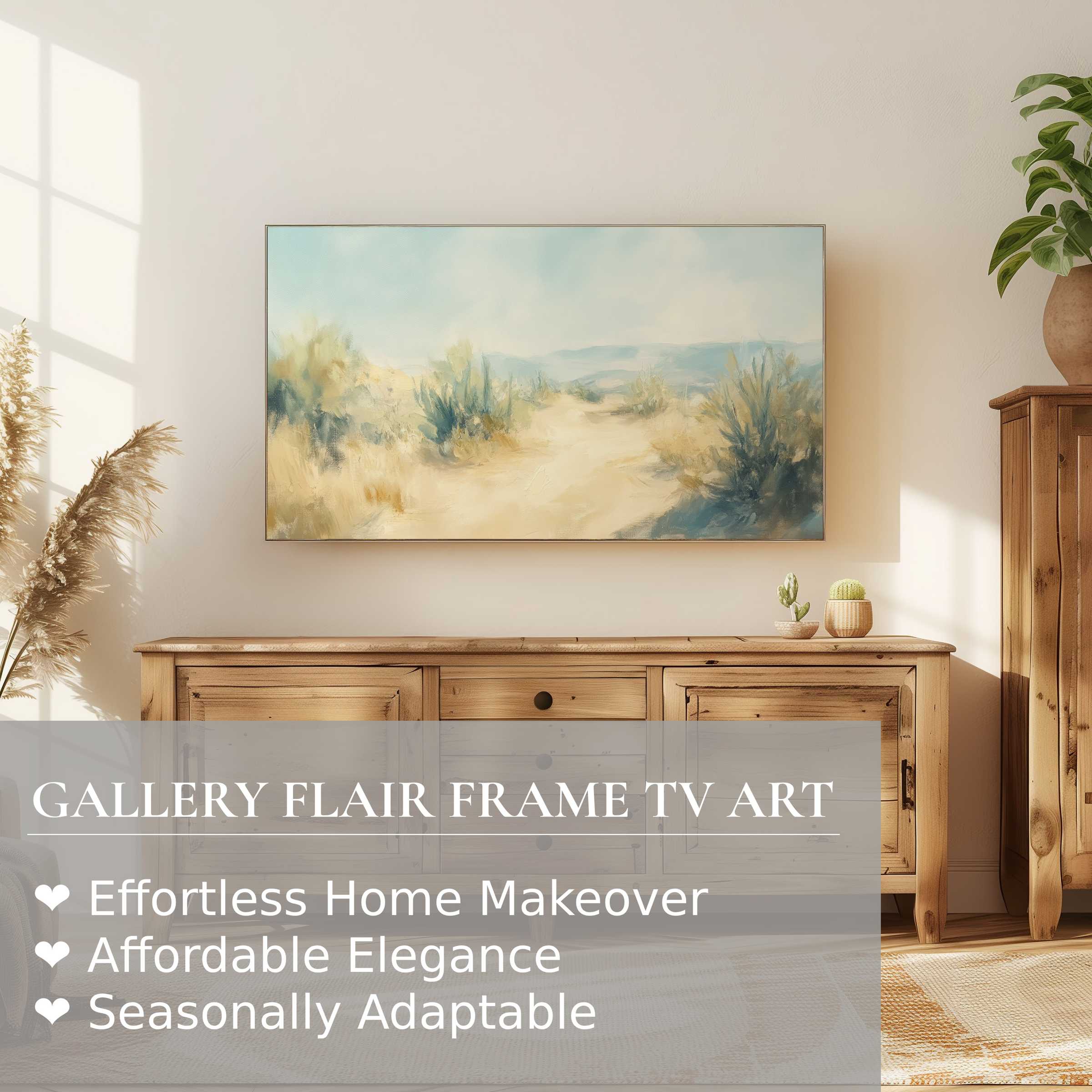 Samsung Frame TV displaying serene landscape digital artwork in a warm, modern living space with natural wood accents