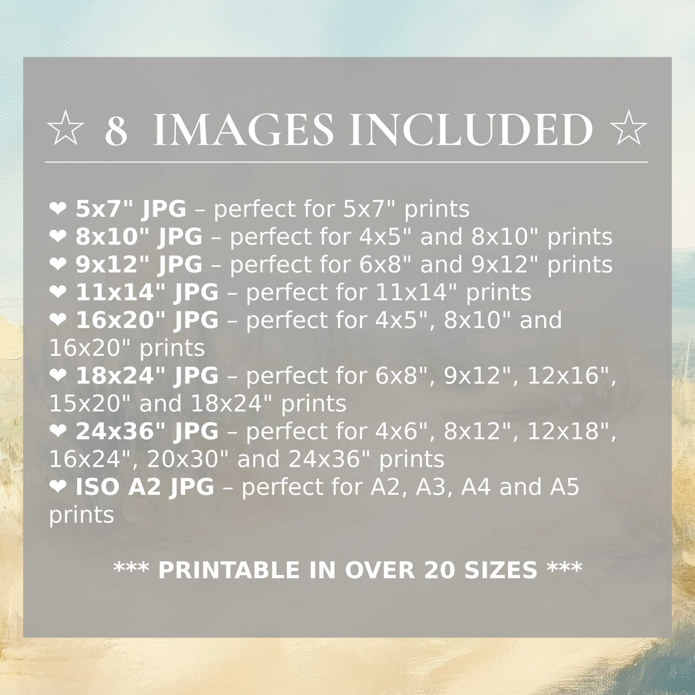 Radiant landscape digital print in soothing blue and warm beige tones, offered in 8 high-quality sizes included for seamless modern decor versatility