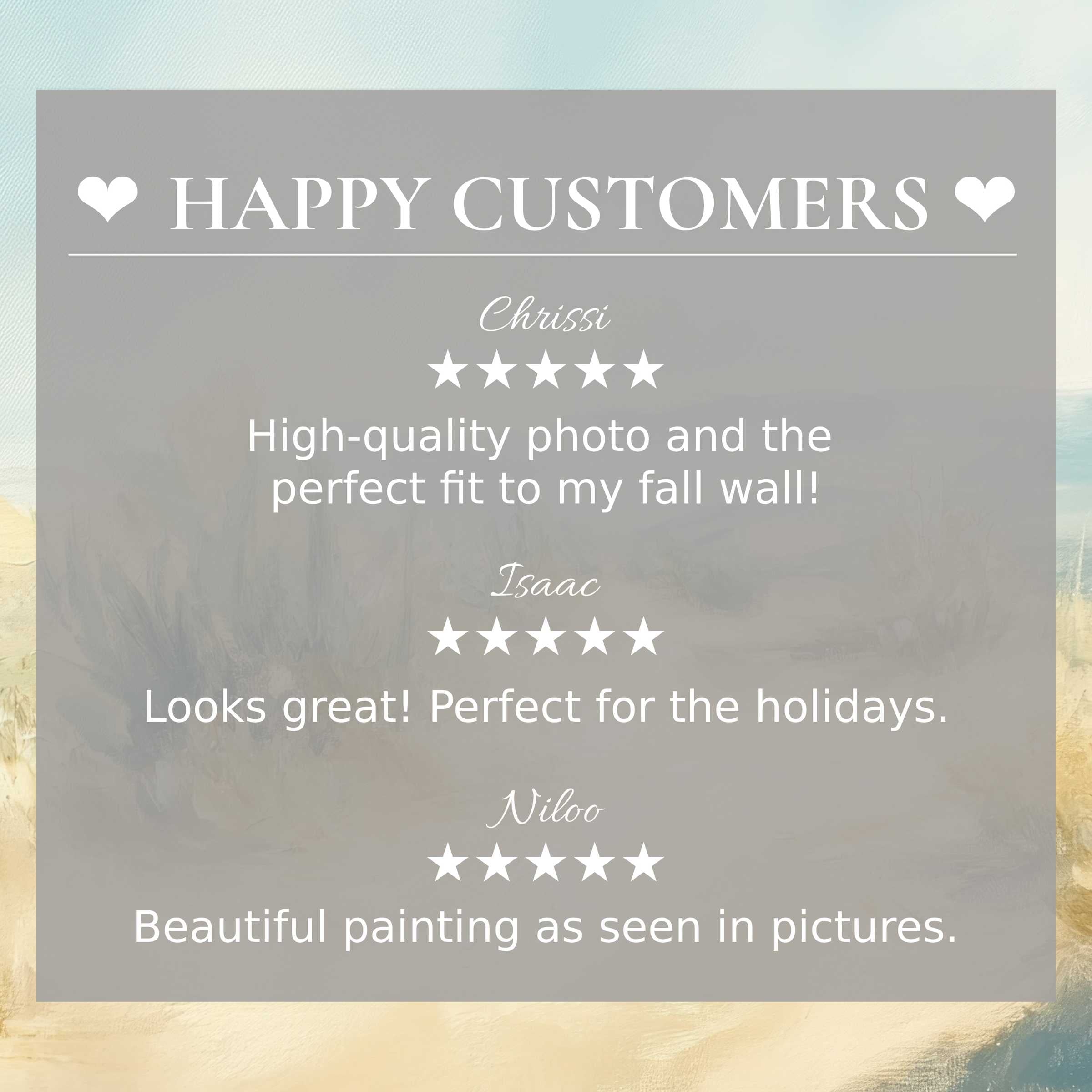Elegant landscape art for Frame TV with abstract sunset hues, showcasing happy customer reviews that build trust and style appeal