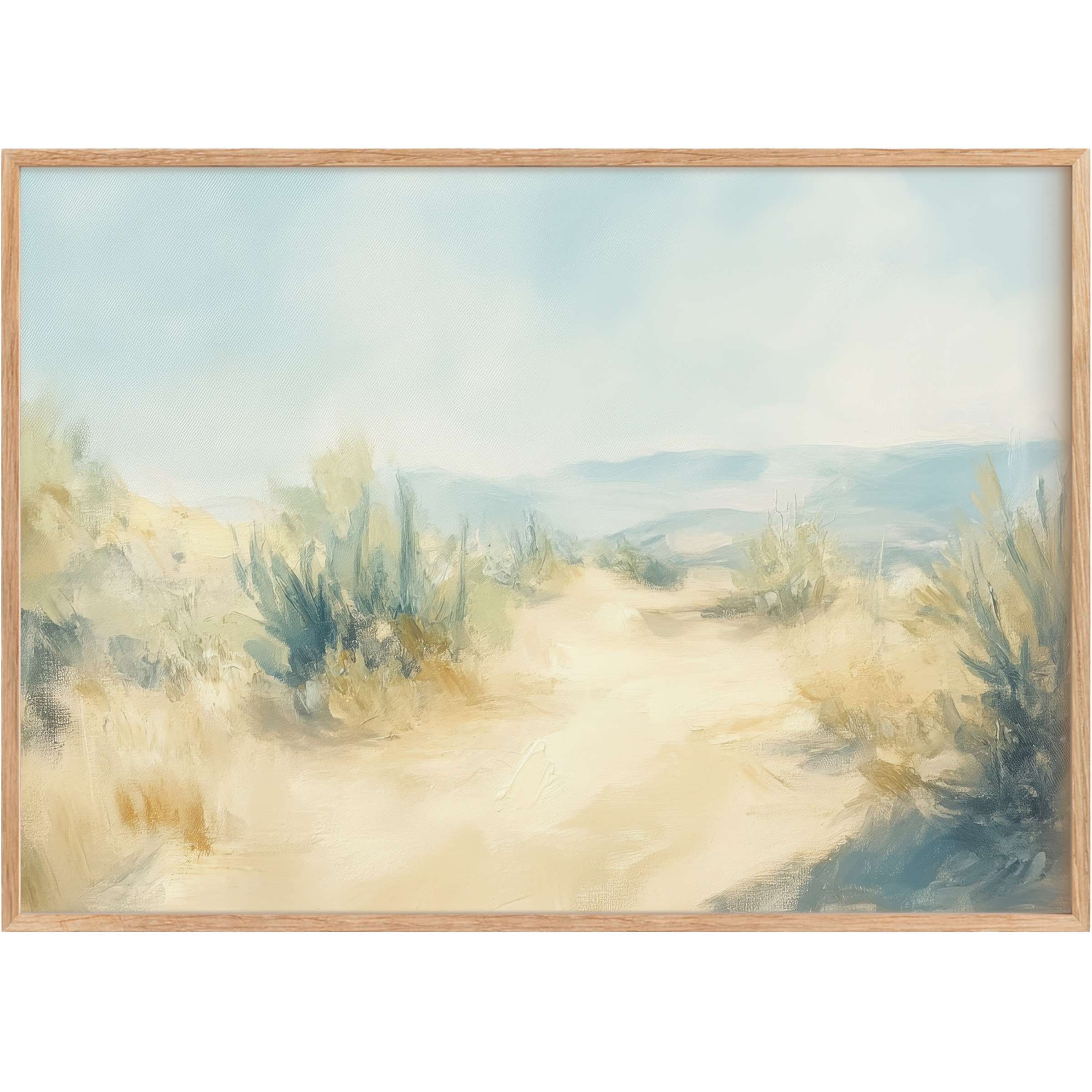 Dreamlike landscape printable wall art in soft blues and sandy neutrals, evoking calm serenity and timeless elegance