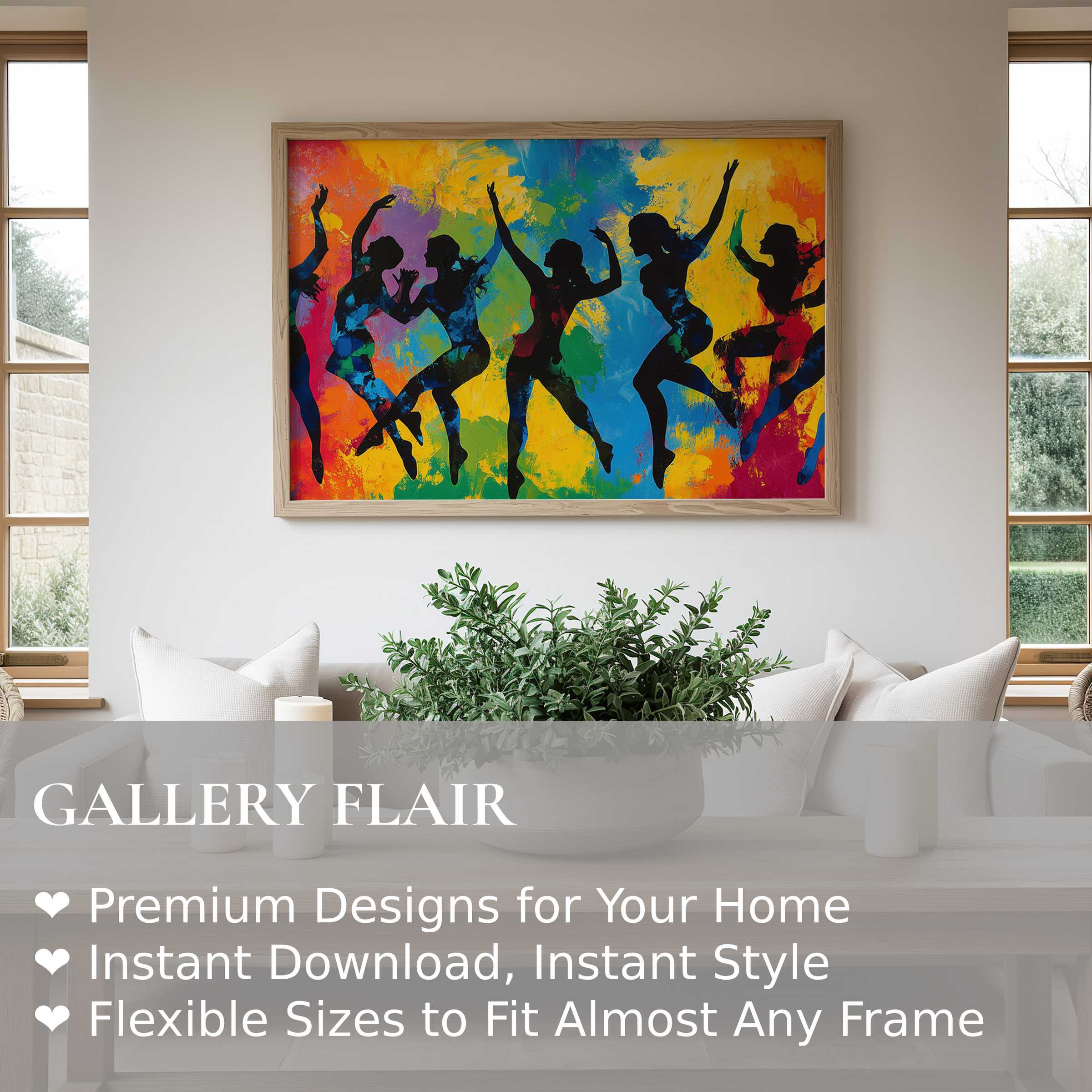 Vibrant pop art wall art print featuring dynamic dancing silhouettes in bold hues, energizing modern minimalist interiors with artistic flair