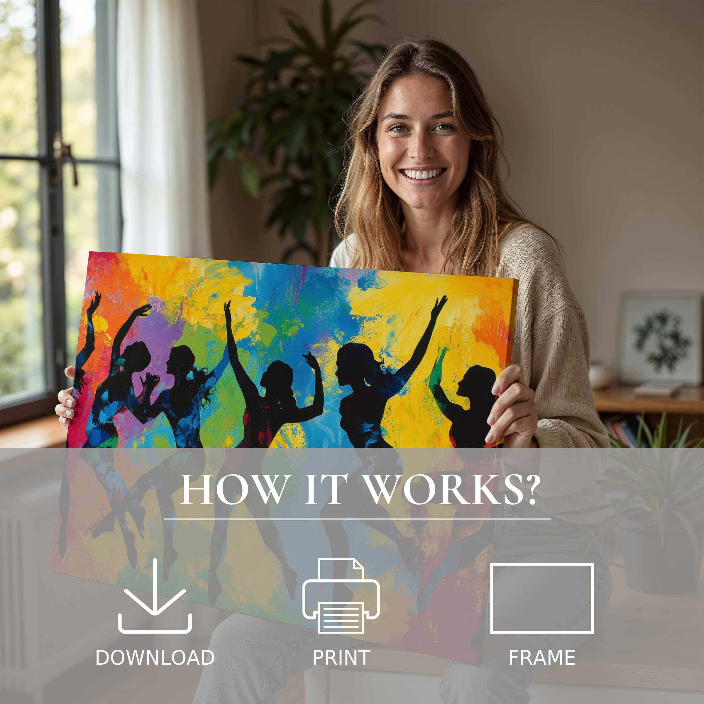 Joyful moment of connection captured with a vibrant pop art digital art print, bringing effortless elegance to modern living