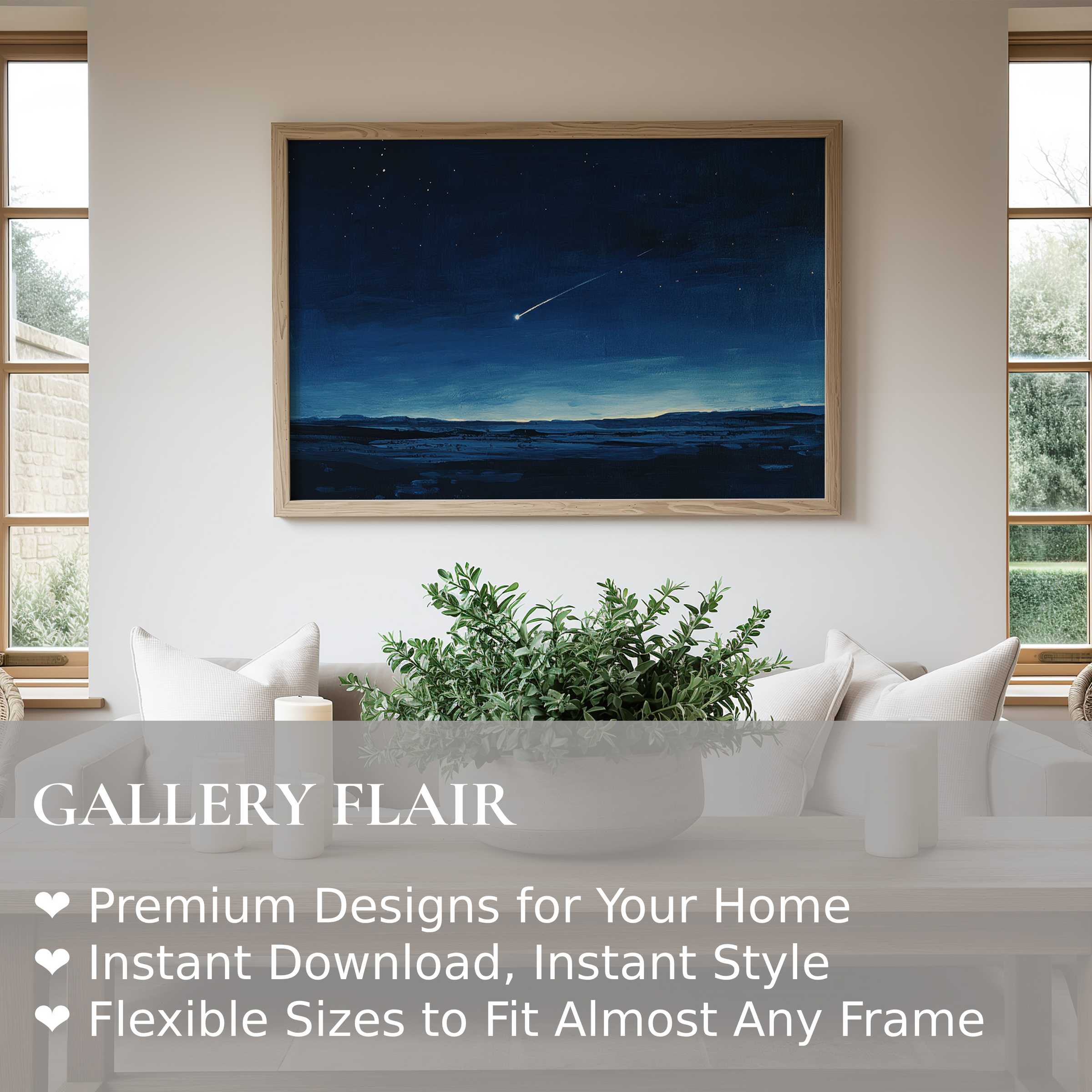 Minimalist wall art print of a serene night sky with a shooting star, enhancing modern Scandinavian interiors with calming, celestial elegance