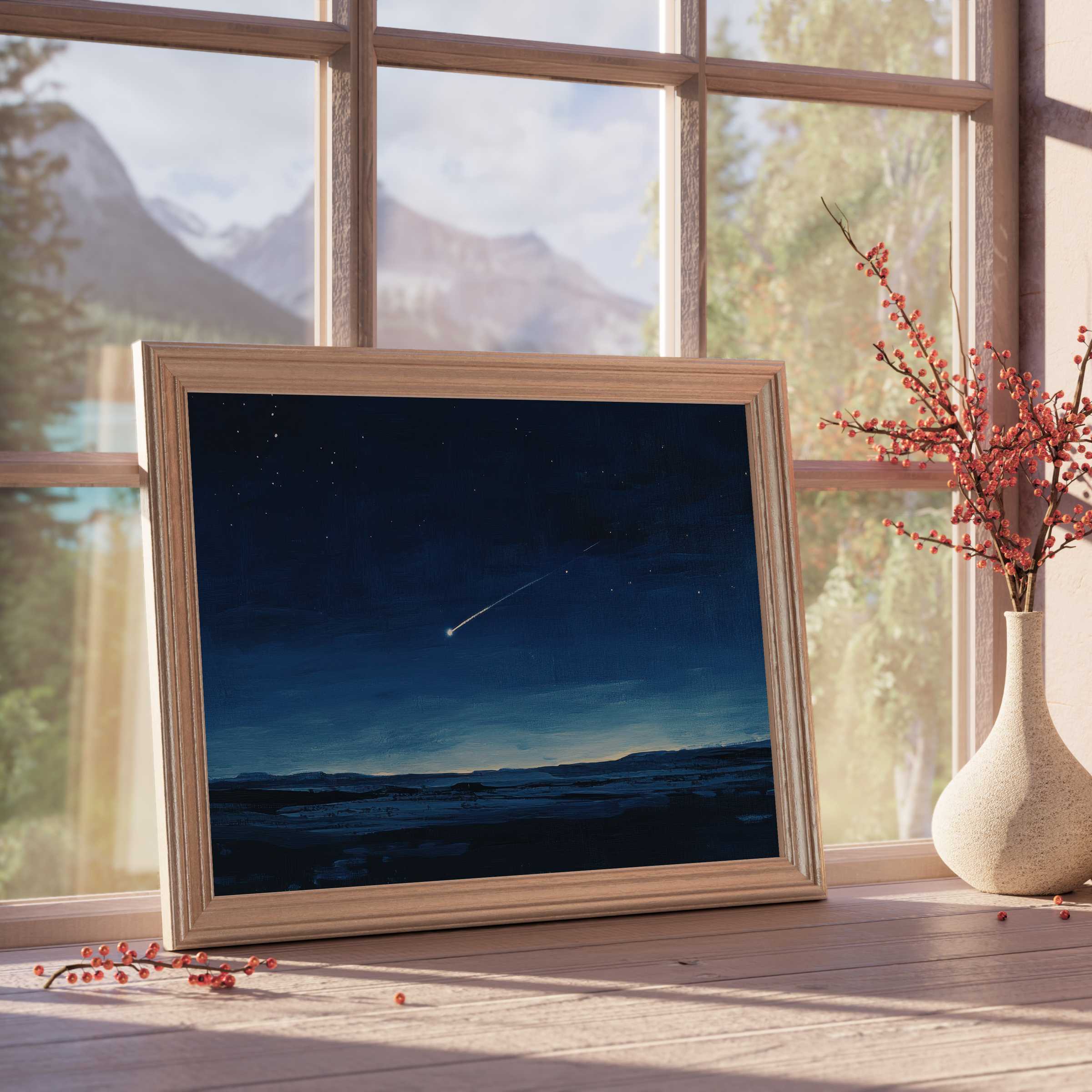 Minimalist downloadable art capturing serene night skies with a shooting star, perfect for calm, elegant, design-forward interiors