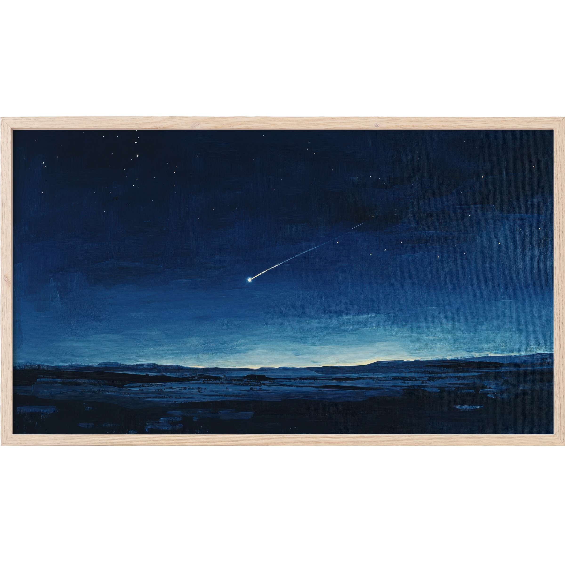 Serene night landscape in deep blues and black with a shooting star, minimalist Frame TV Art for modern spaces