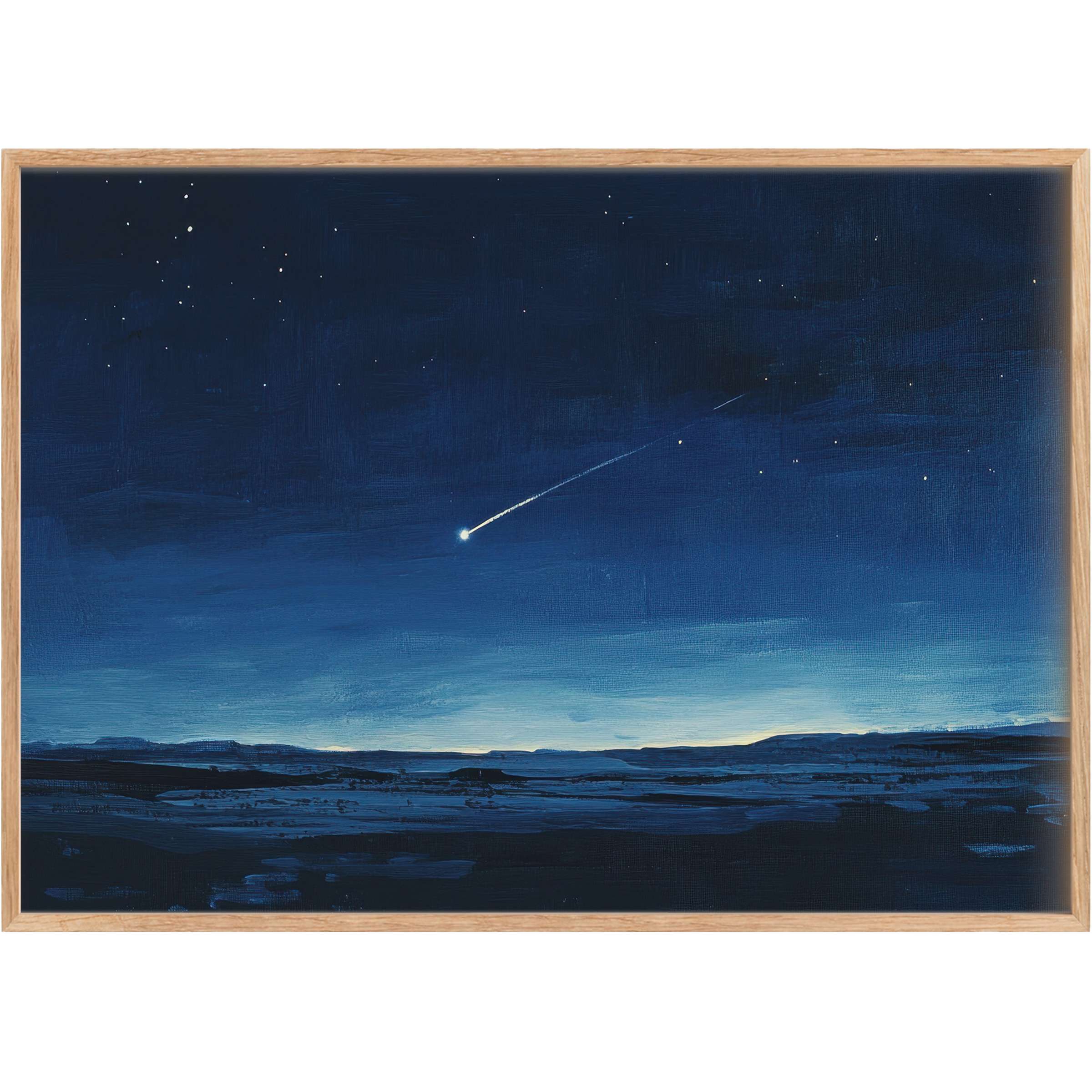 Serene minimalist printable wall art featuring a deep navy sky and glowing shooting star, evoking calm and wonder
