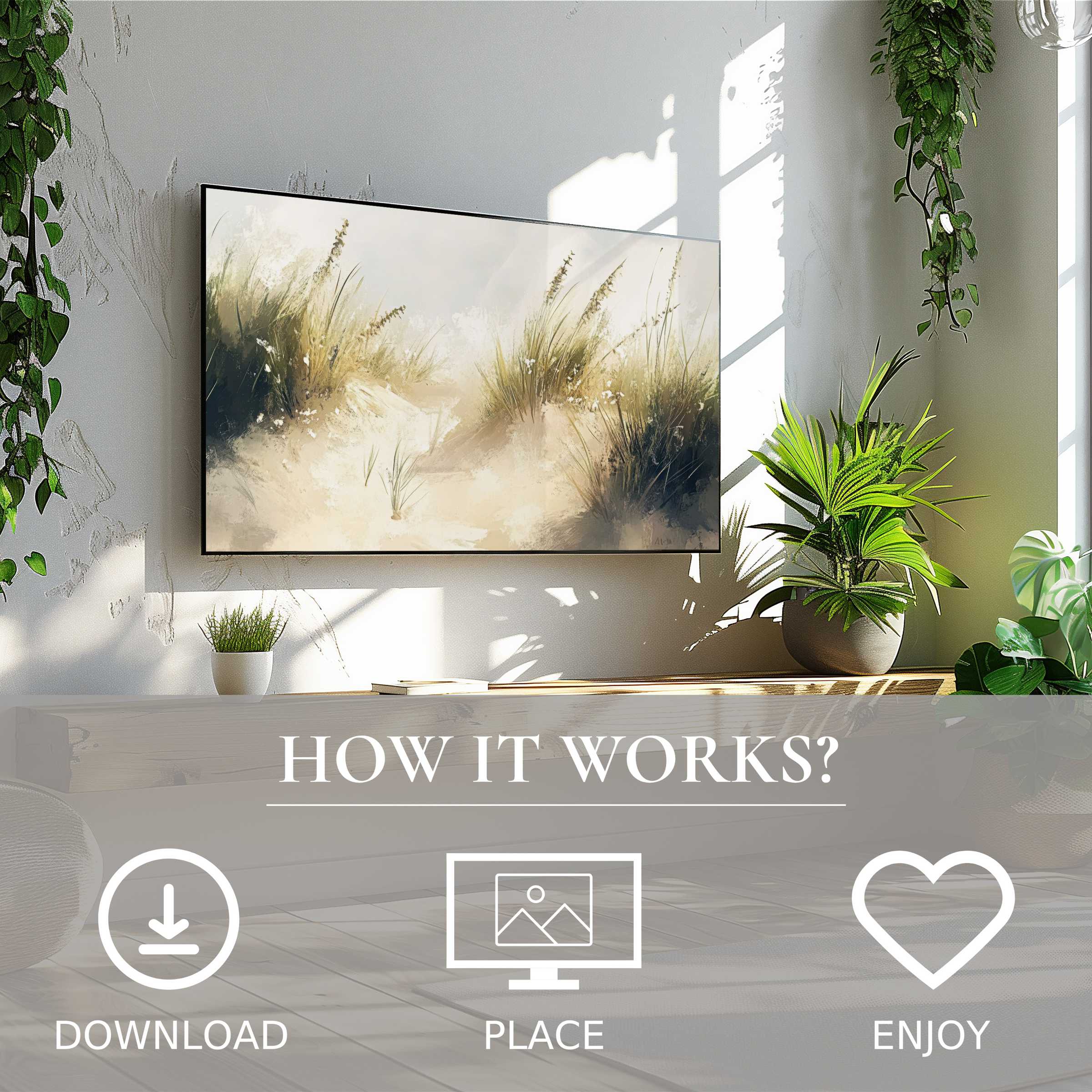 Summer art for Samsung TV: digital download features soft sunset tones of sand dunes, enriching modern living spaces with ease
