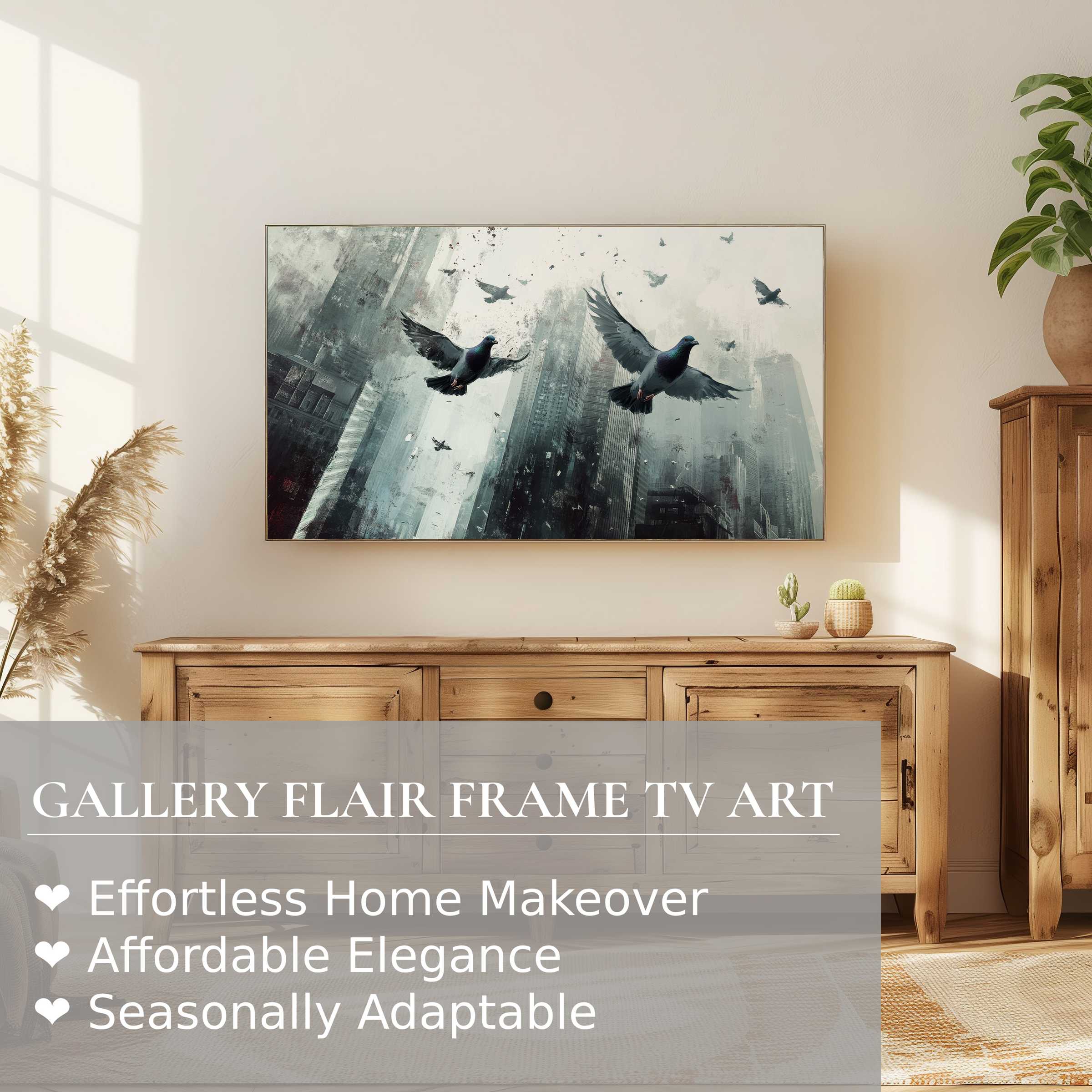 Samsung Frame TV displays sleek street art digital artwork of soaring pigeons over an urban skyline, perfect for refined decor