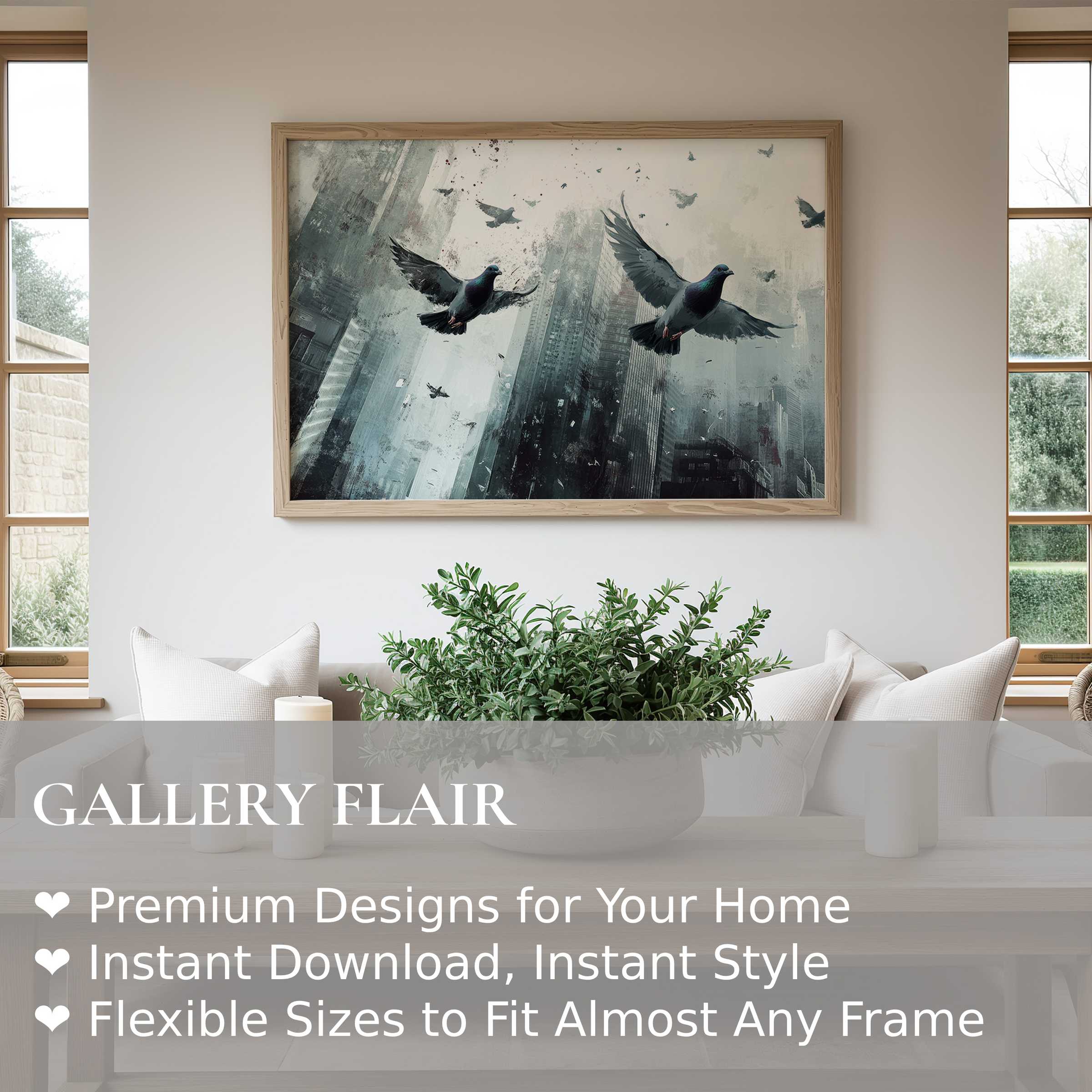 Street art wall art print capturing dynamic pigeons in flight over an urban skyline, infusing bold, modern elegance into minimalist interiors