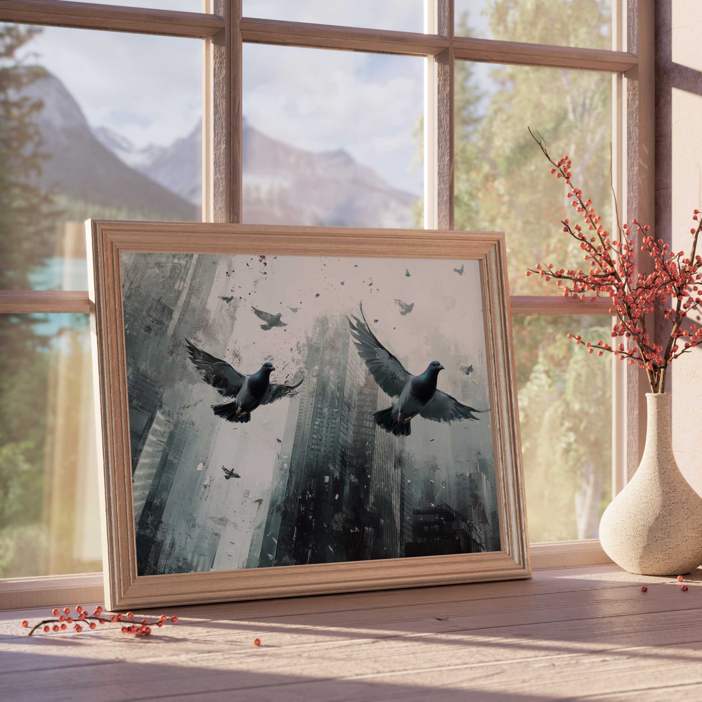 Street art downloadable art portraying graceful pigeons soaring above moody urban skylines, perfect for serene, curated interiors