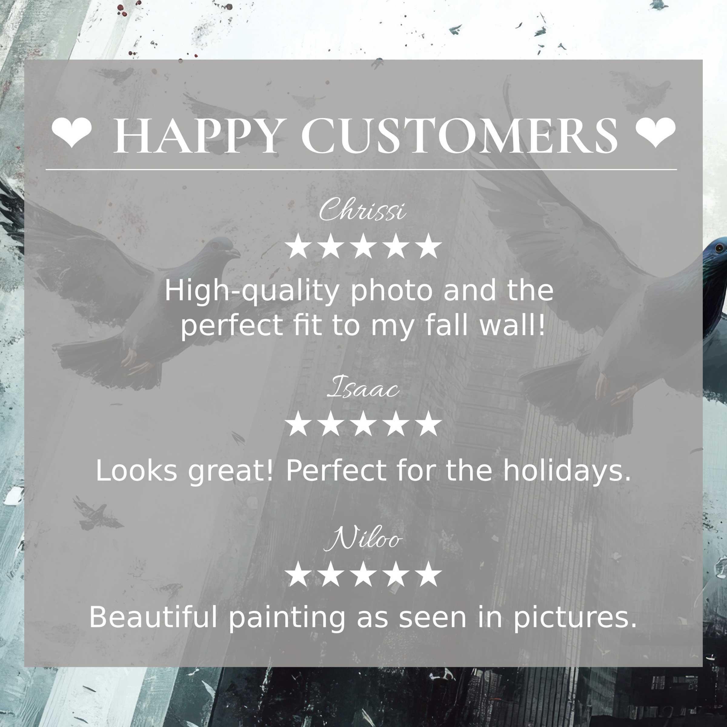 Elegant street art for Frame TV with abstract blue-gray tones, showcasing happy customer reviews to inspire trust