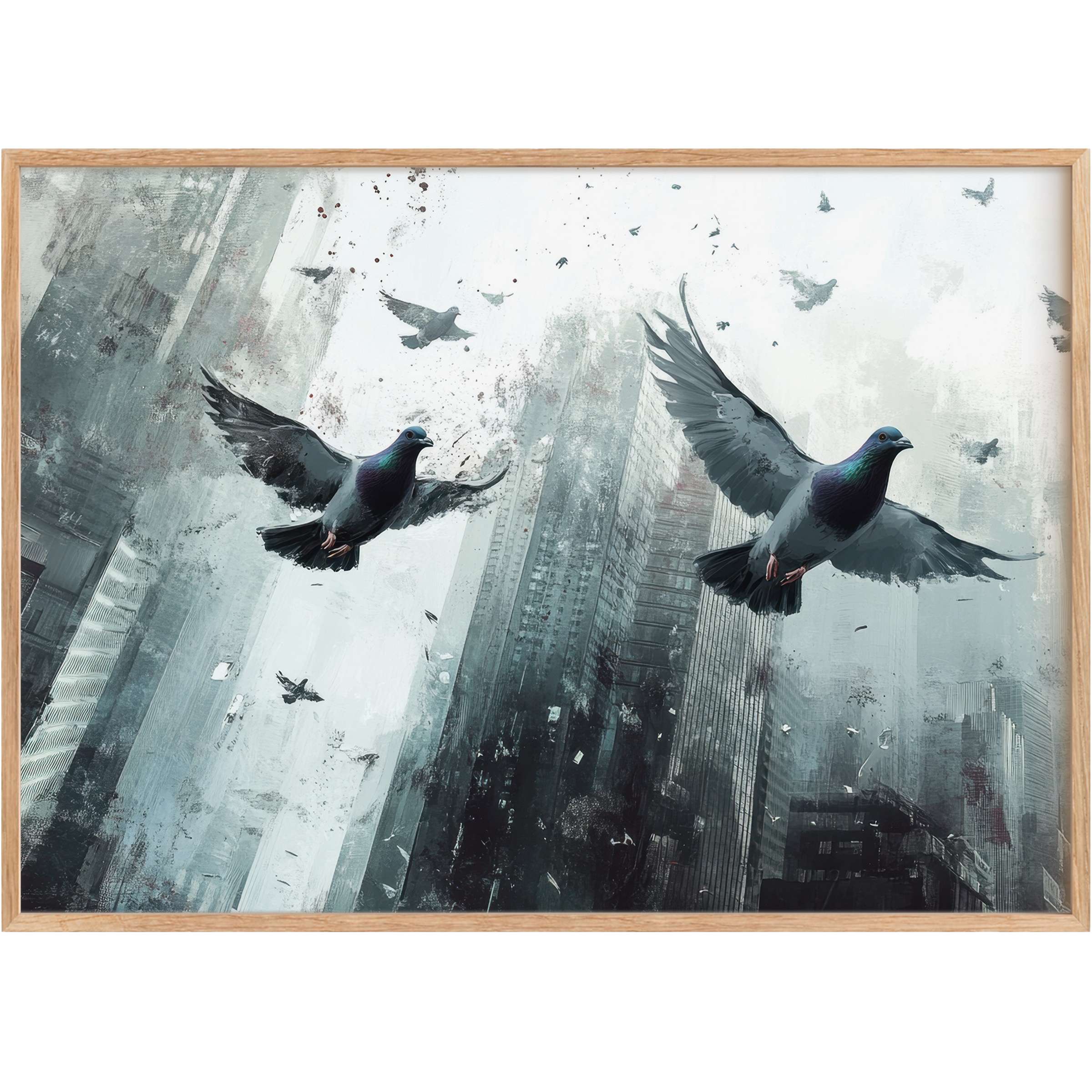 Bold street art printable wall art captures urban flight with deep grays and striking iridescent blues, evoking freedom and resilience