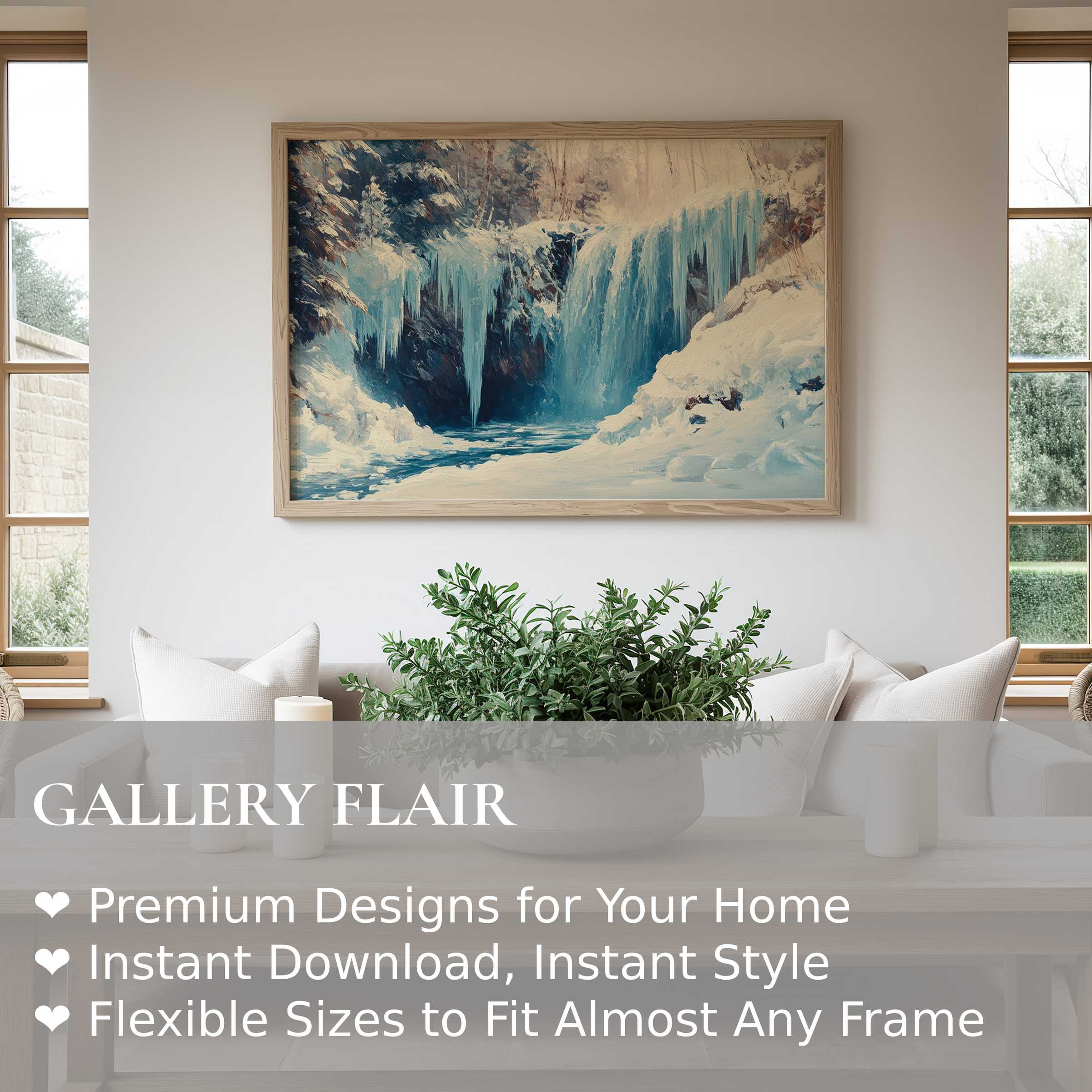 Winter wall art print featuring a serene icy waterfall scene with soft blues and whites, enhancing modern minimalist interiors with calming elegance