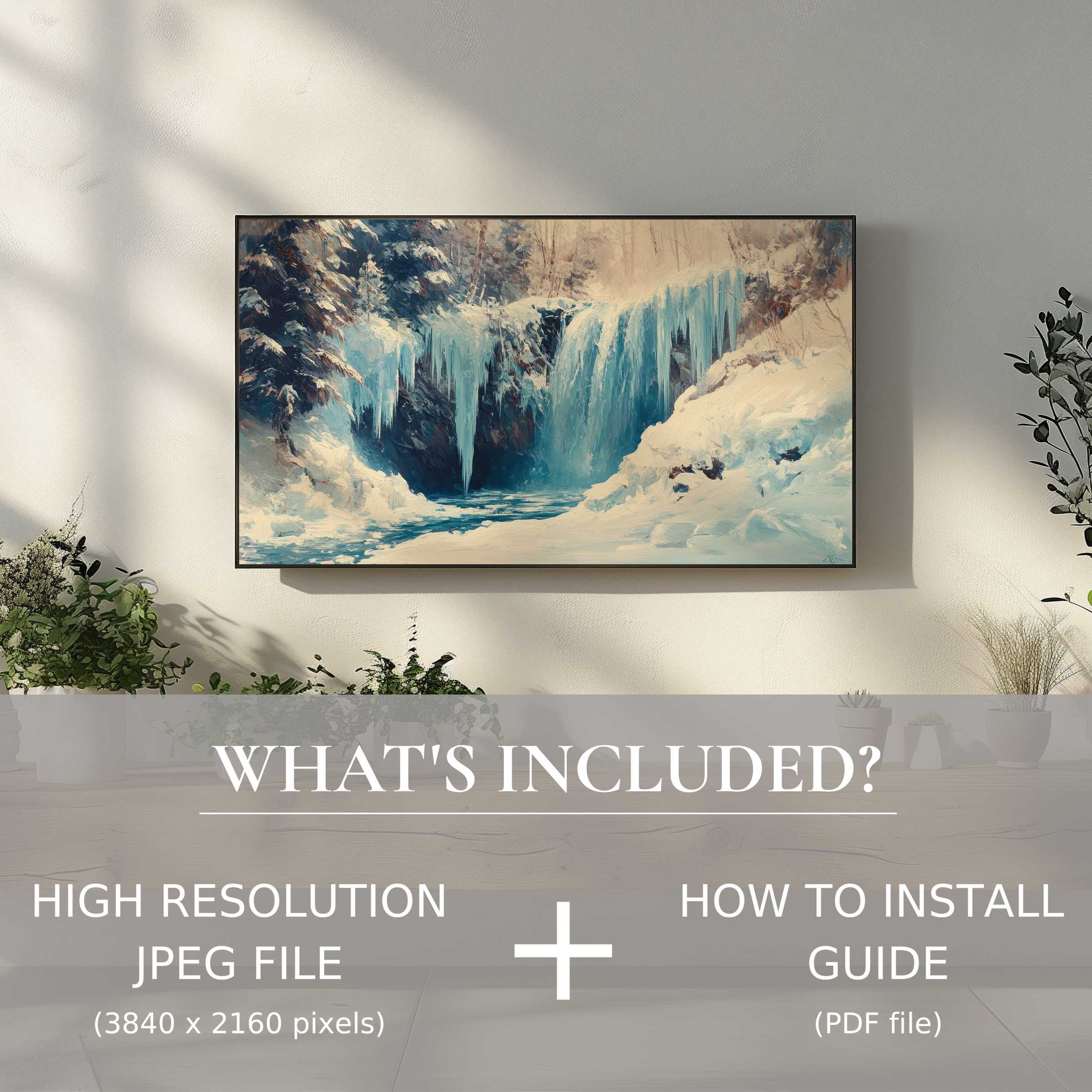 Elegant winter digital TV art download with easy use, enriching your modern living space with serene icy waterfall imagery