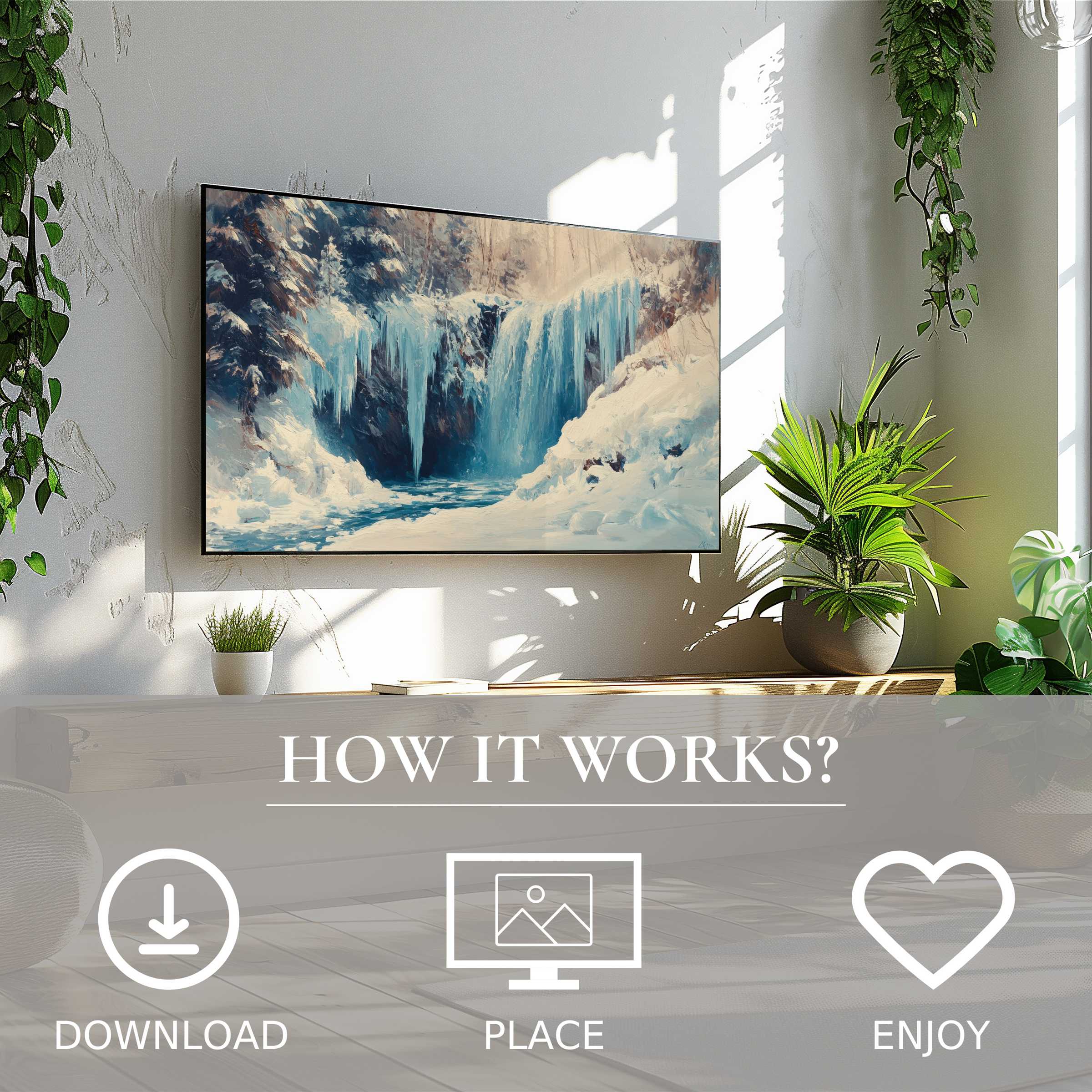 Winter art for Samsung TV shows icy waterfall motif; easy digital download enriches modern living spaces with cool tones