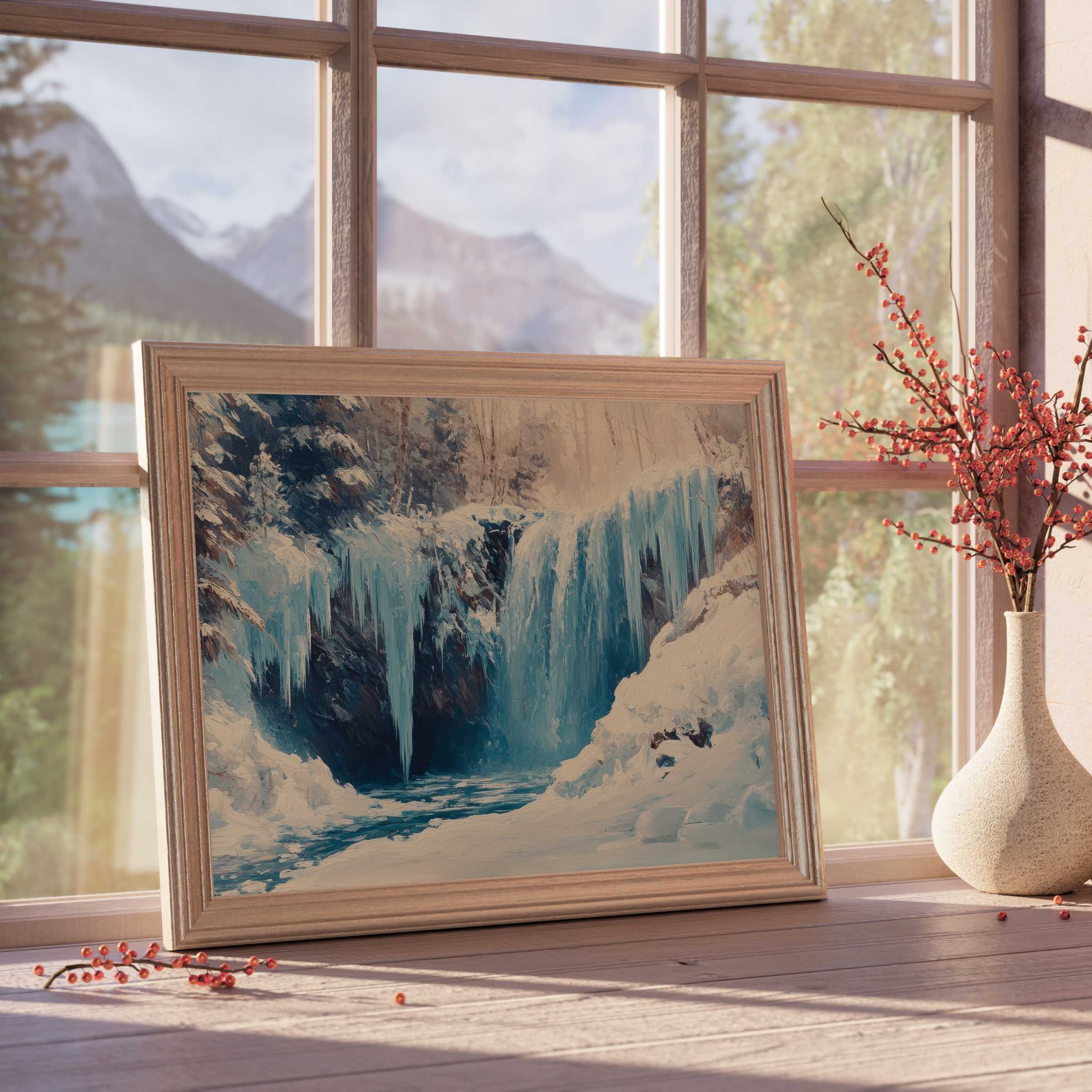 Winter downloadable art capturing a serene icy waterfall, elevating tranquil, curated interiors with elegant snow-covered charm