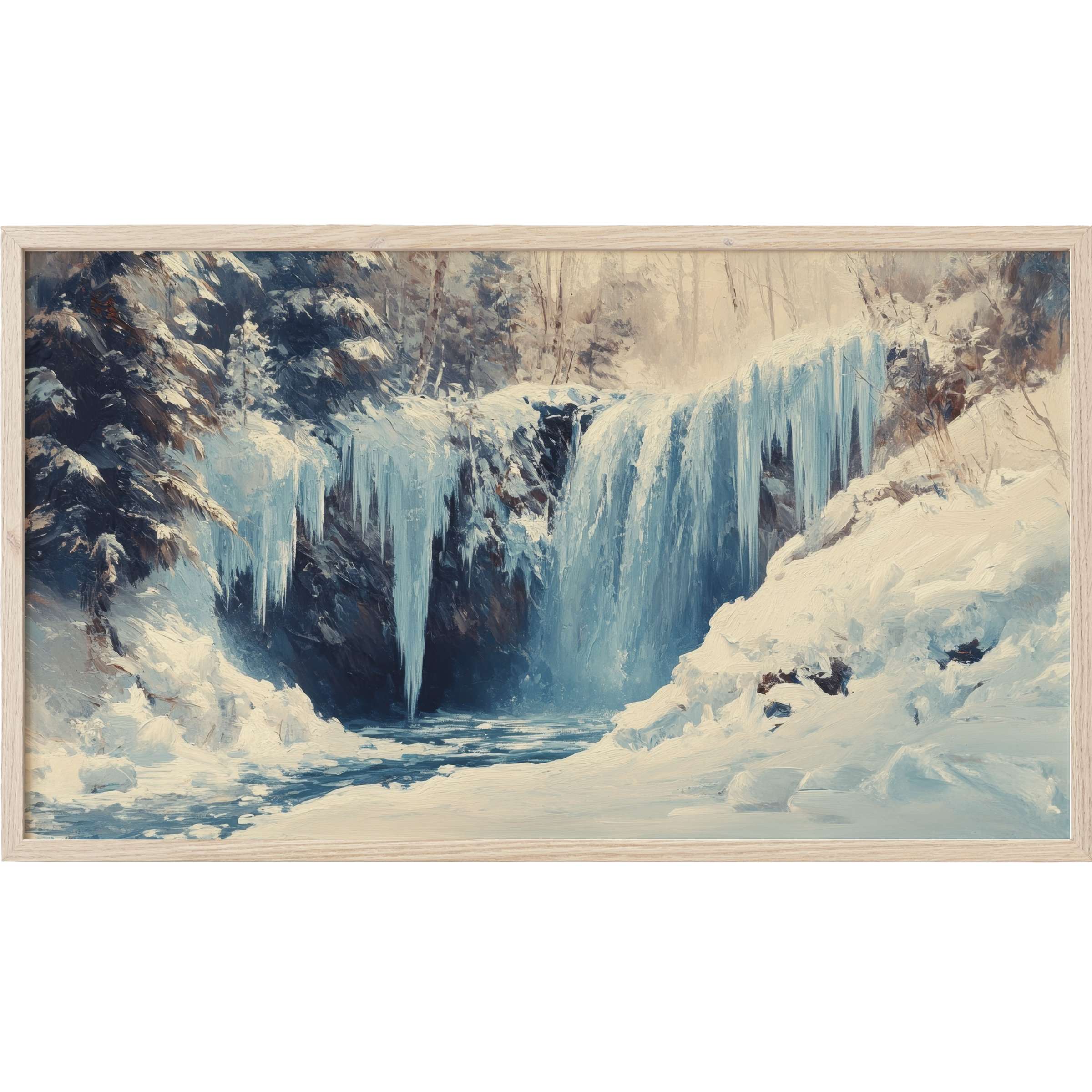 Winter Frame TV Art depicting a serene icy waterfall in blues and whites with a textured, impressionist style