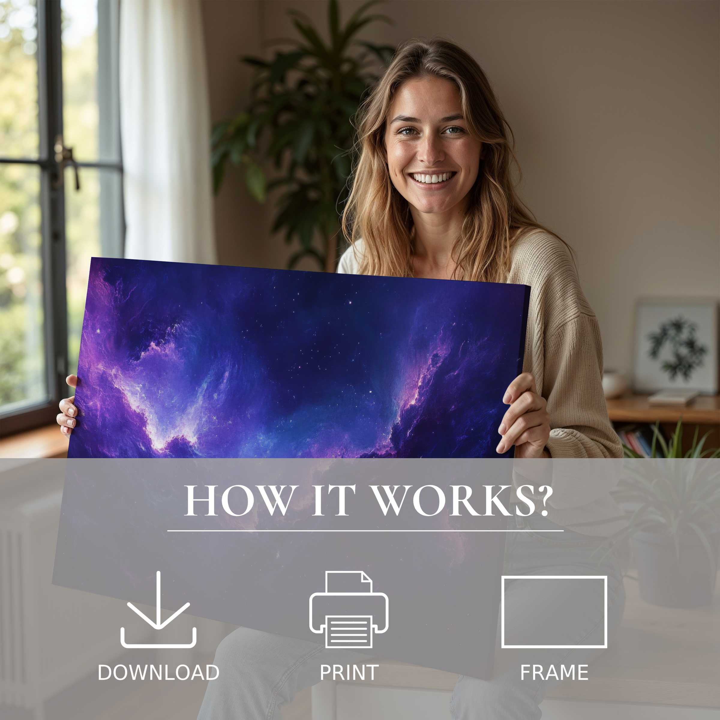 A joyful moment unveiling a modern digital art print with ethereal deep blues, enriching a stylish home’s serene elegance