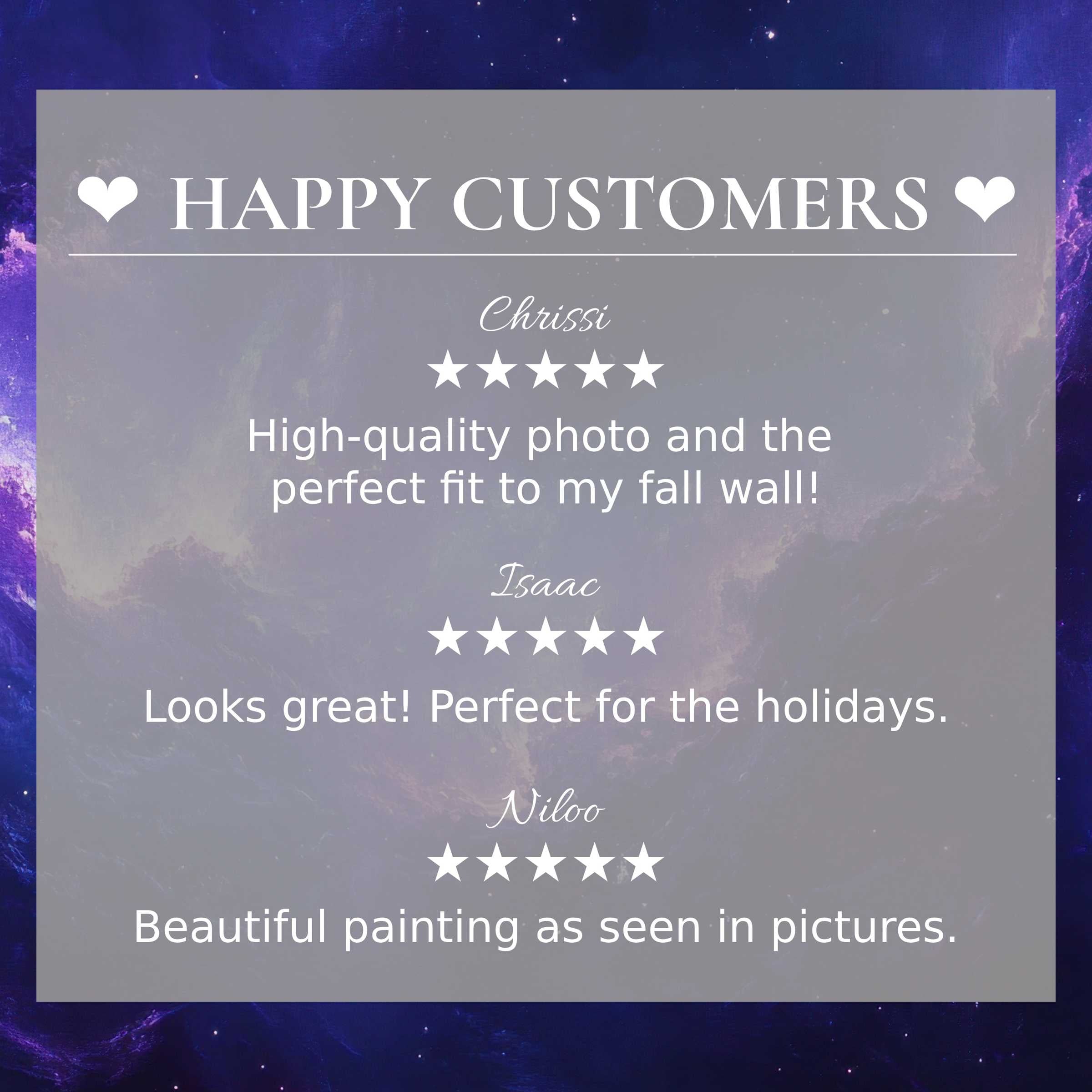 Modern art for Frame TV with abstract cosmic hues; happy customer reviews enhance trust and elegant home style appeal