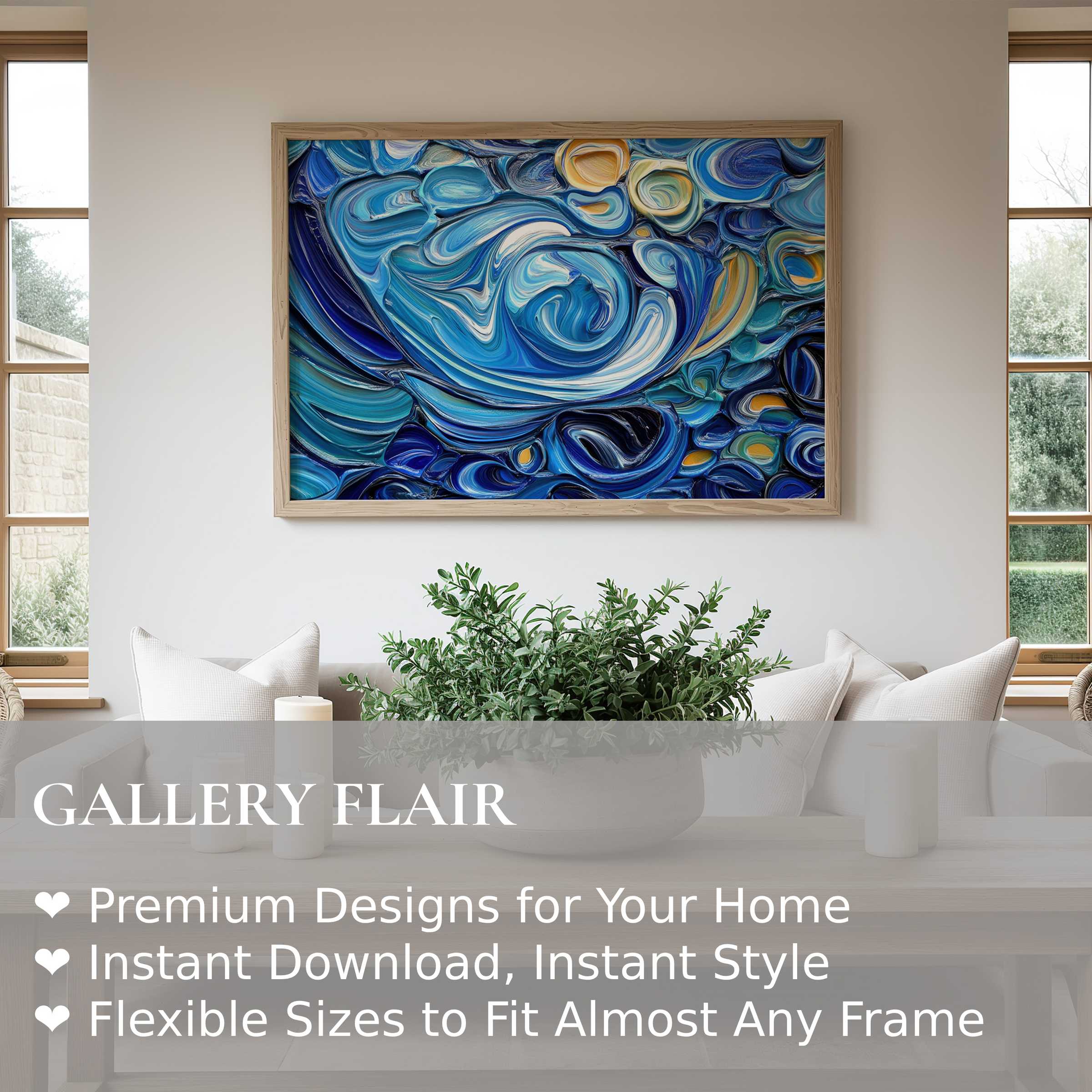 Abstract wall art print with deep blue swirls and hints of gold, radiating calm and depth in a minimalist, modern living room