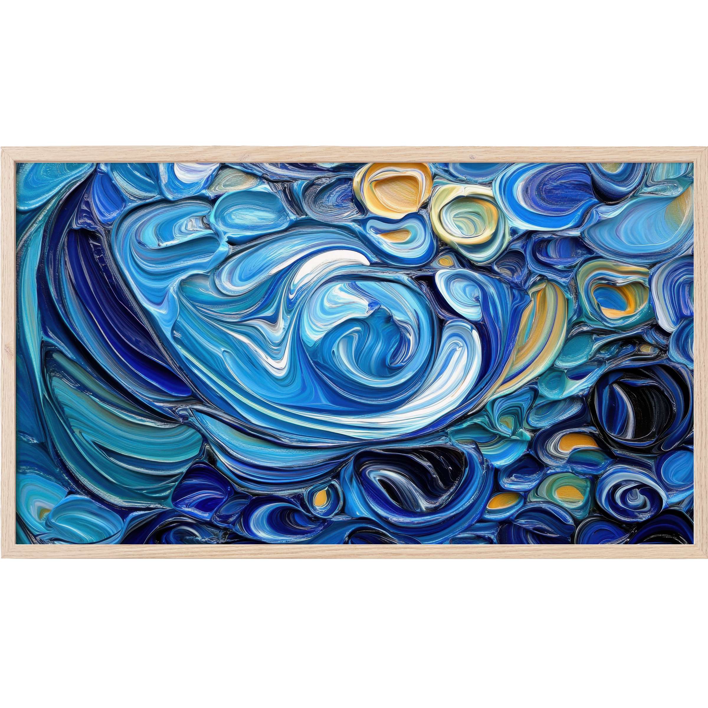 Abstract Frame TV Art with swirling blue, teal, and gold strokes, evoking fluid elegance and modern artistic depth