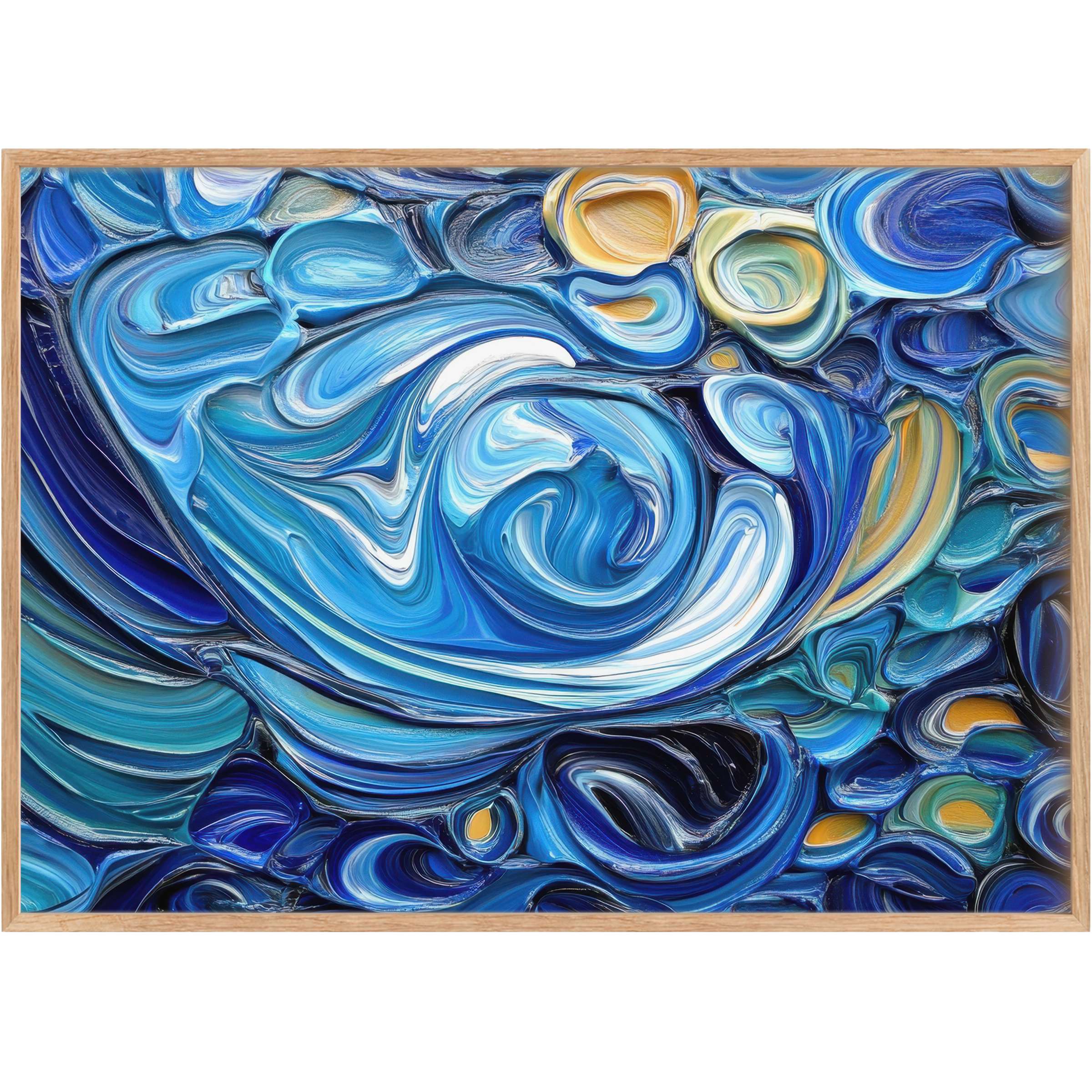 Luminous abstract printable wall art in swirling blues and golds evokes a serene, oceanic elegance that enriches any refined interior