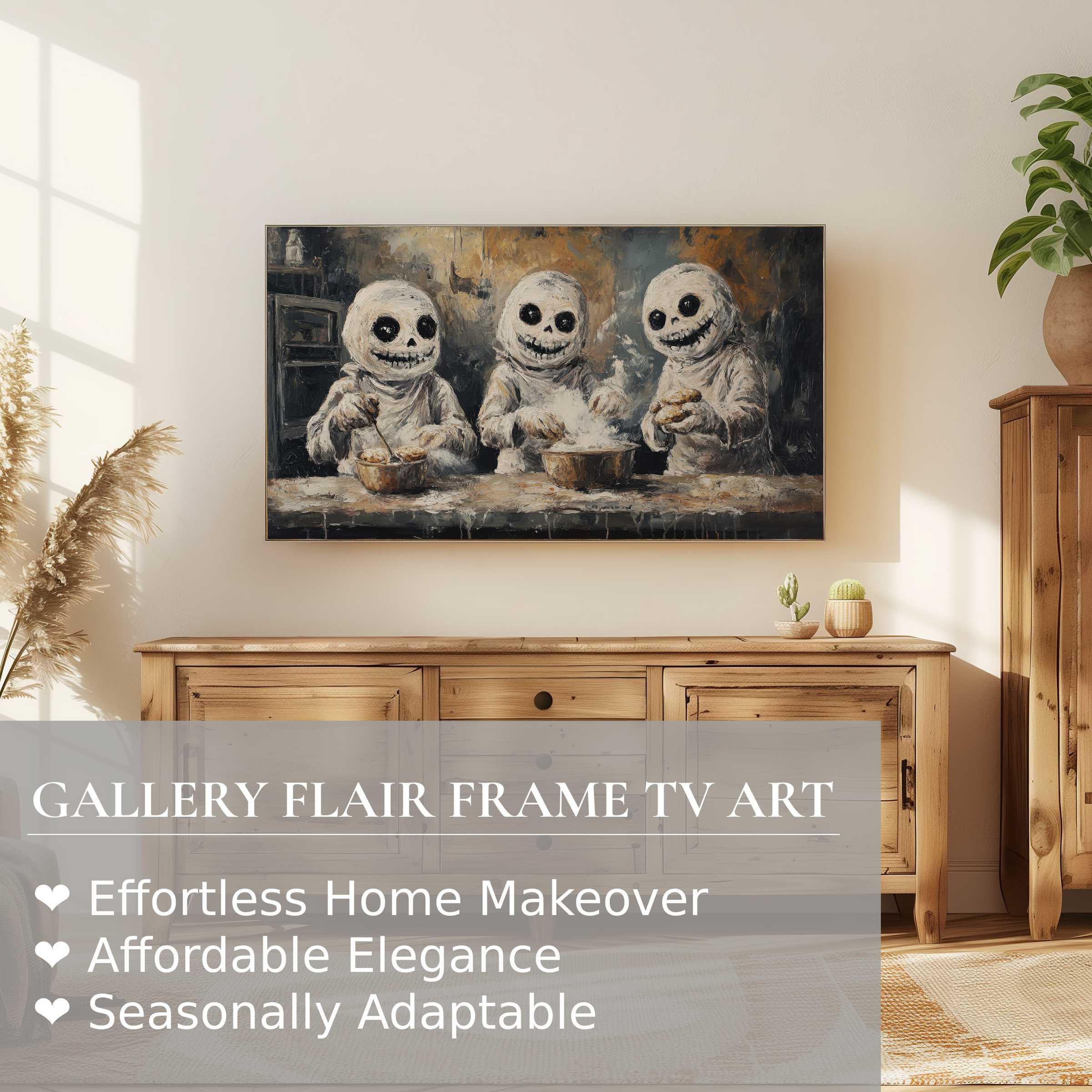 Samsung Frame TV displays refined halloween digital artwork with eerie, stylish skeleton bakers in a warm, modern home setting