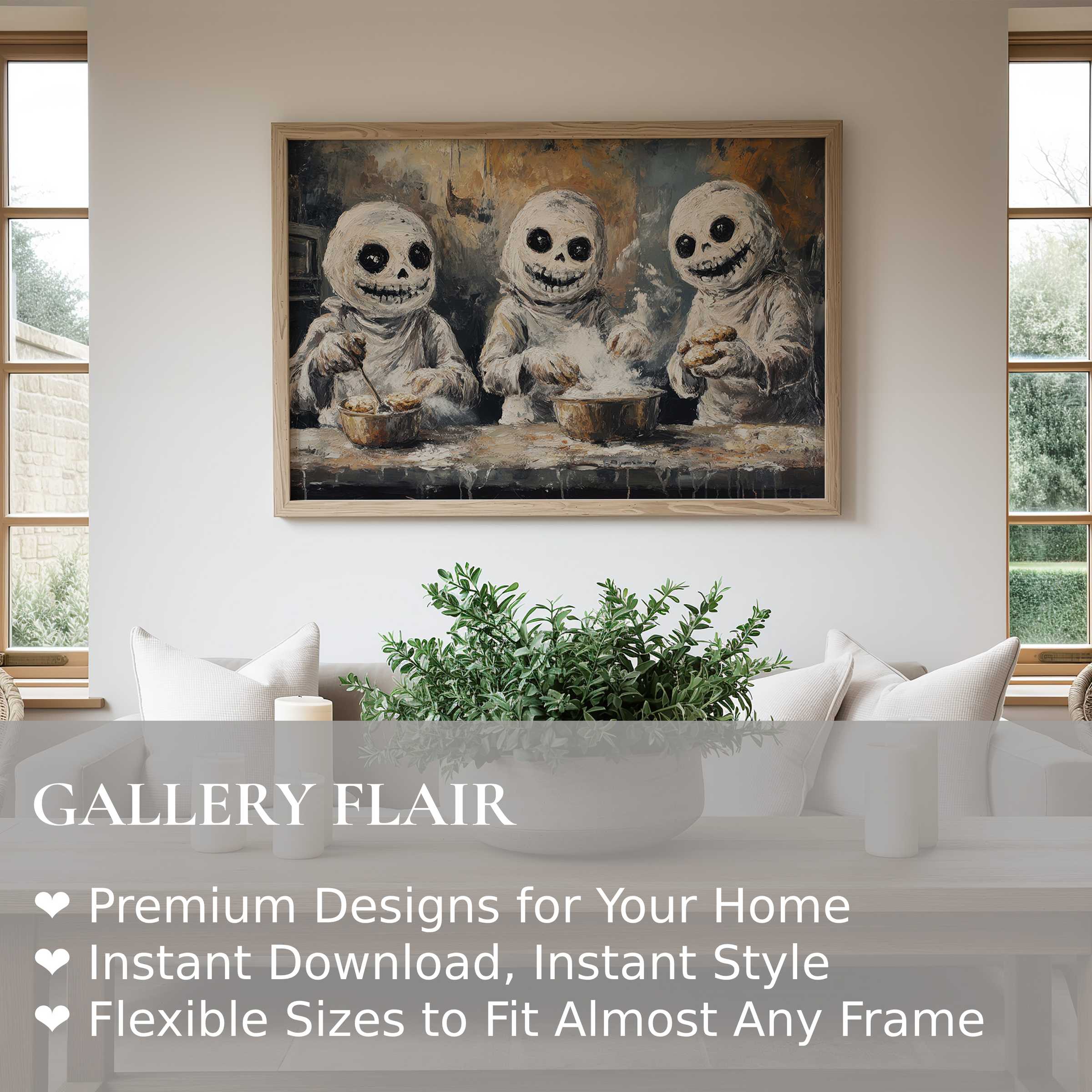 Halloween wall art print featuring whimsical skeletons baking, evoking bold, moody charm with a modern rustic vibe that enlivens cozy interiors