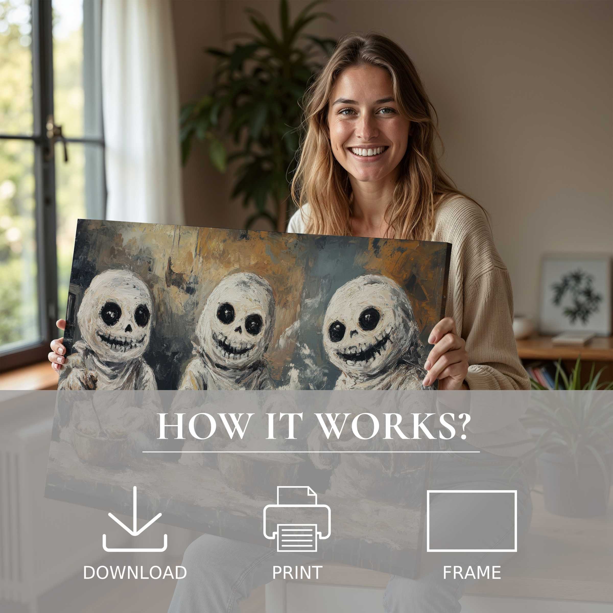 A joyful moment in a modern home where a woman embraces a Halloween digital art print, blending whimsy with warmth