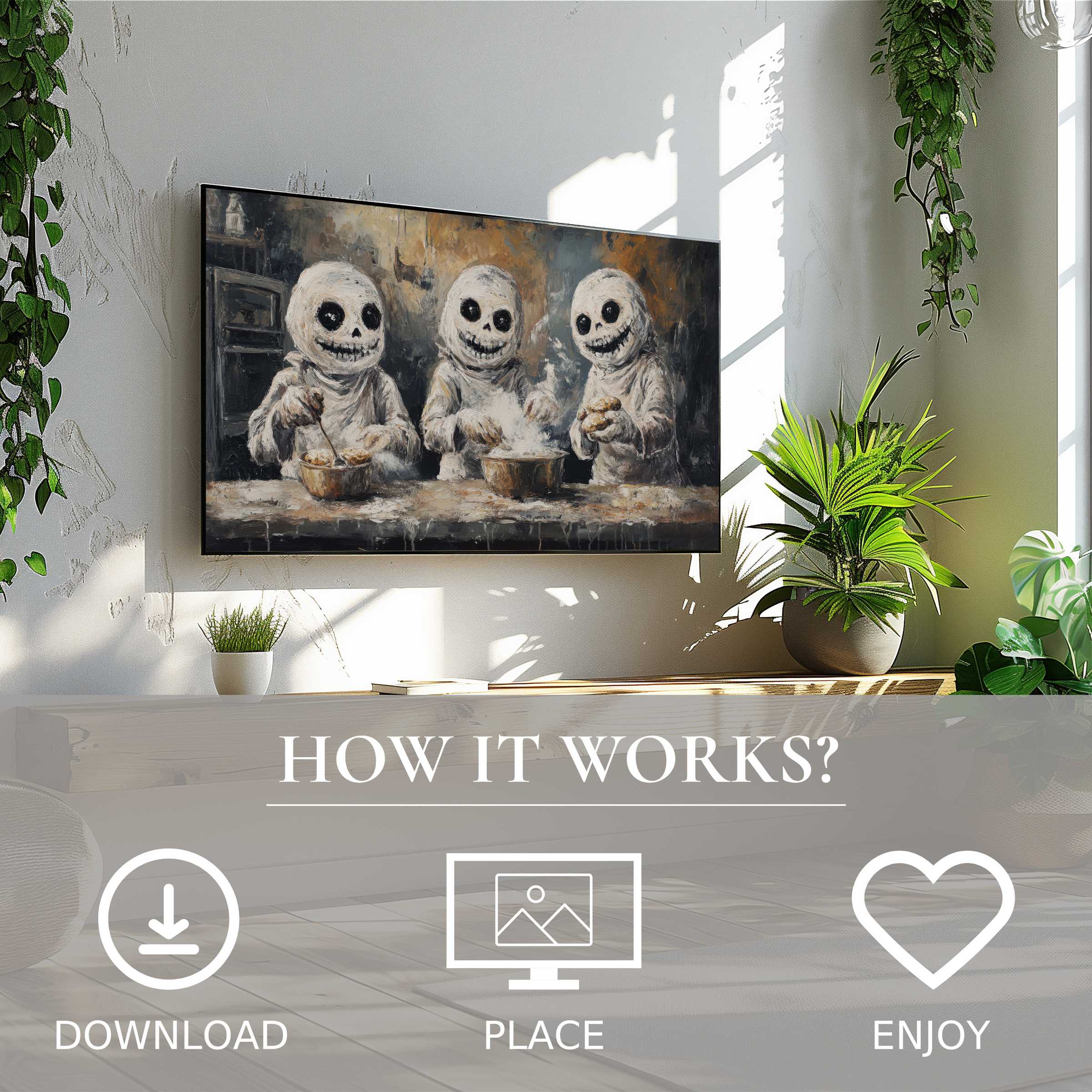 Halloween art for Samsung TV shows ghostly figures in muted tones, easy digital download enriches sleek, plant-filled living space