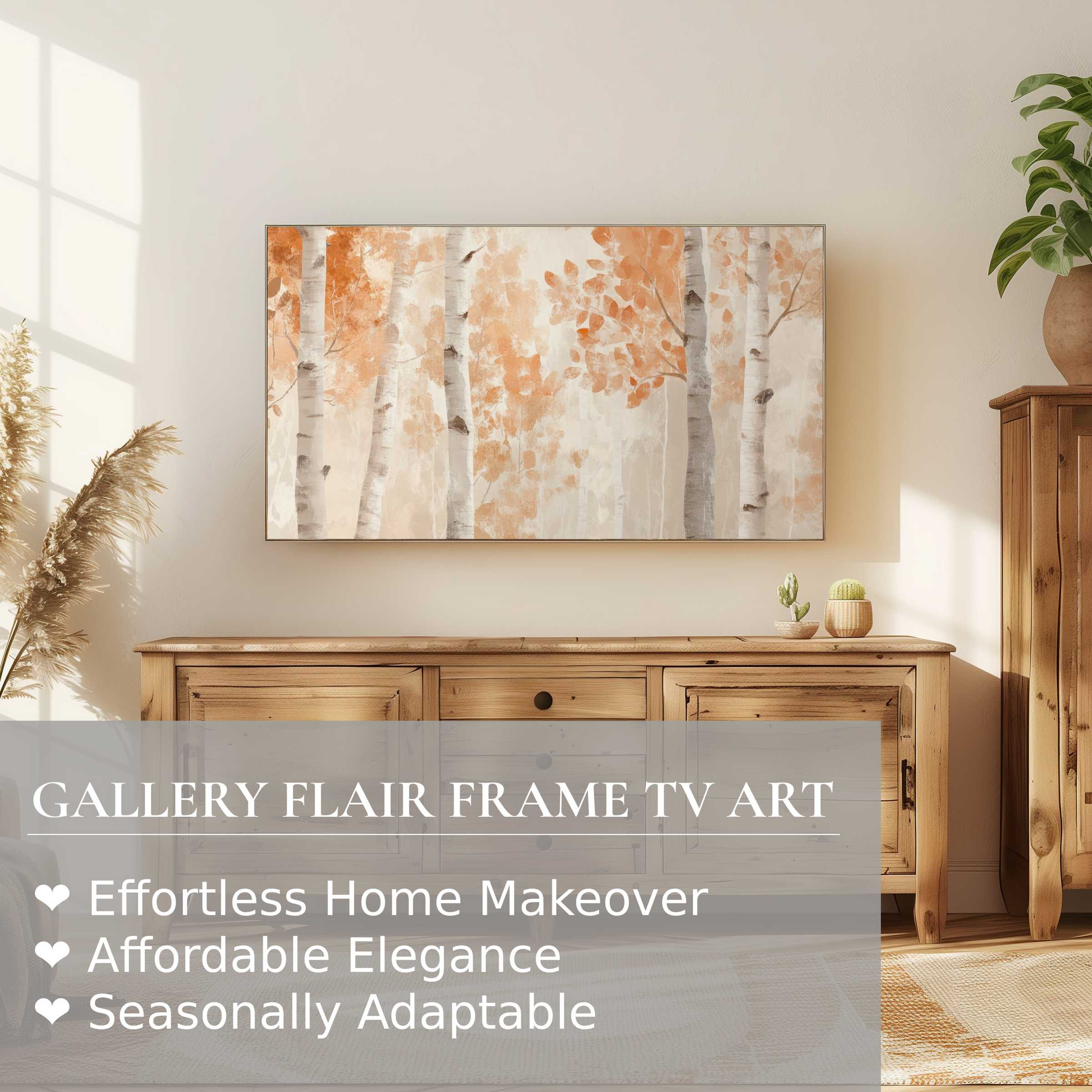 Contemporary tree digital artwork in warm tones on Samsung Frame TV enhances this serene, elegant living space