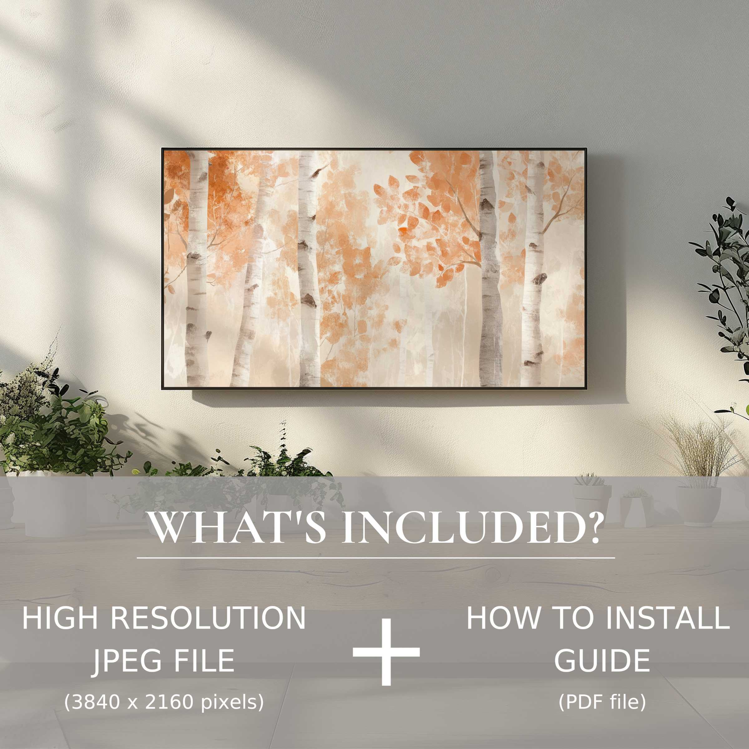 Elegant tree digital TV art download enhances serene living spaces with easy digital use and warm autumnal hues