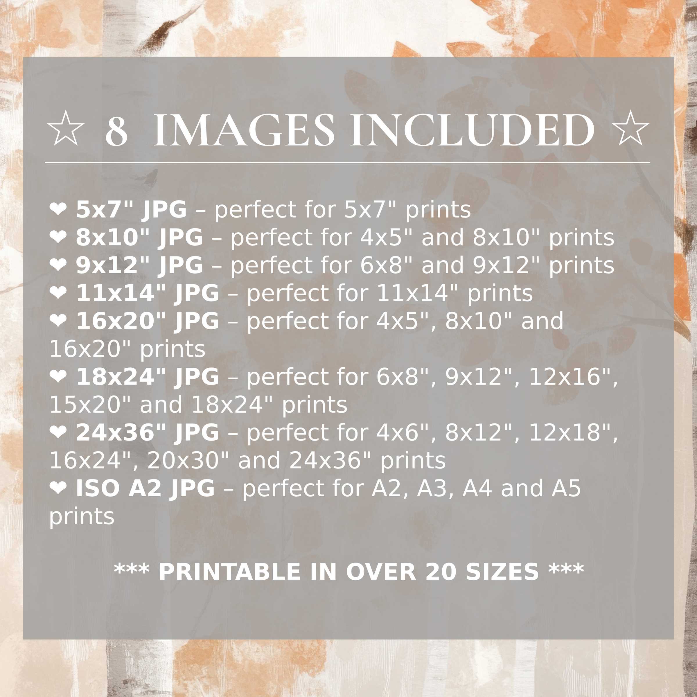 Print size guide showing 8 included JPG formats for versatile wall art printing – perfect for framing in popular sizes from 5x7 to 24x36 and A2