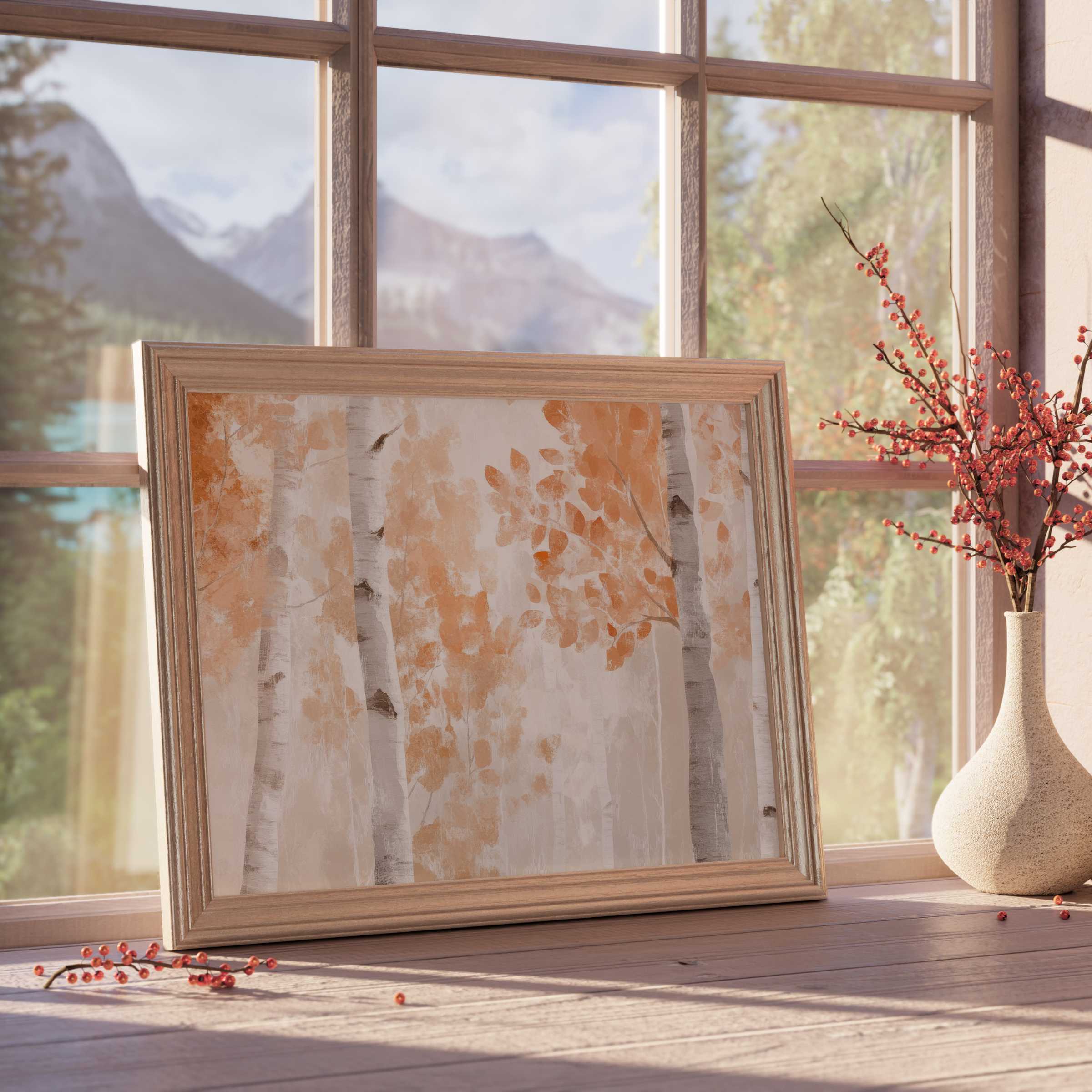 Elegant tree downloadable art capturing serene autumnal birch woods in warm, muted hues - perfect for curated, tranquil interiors