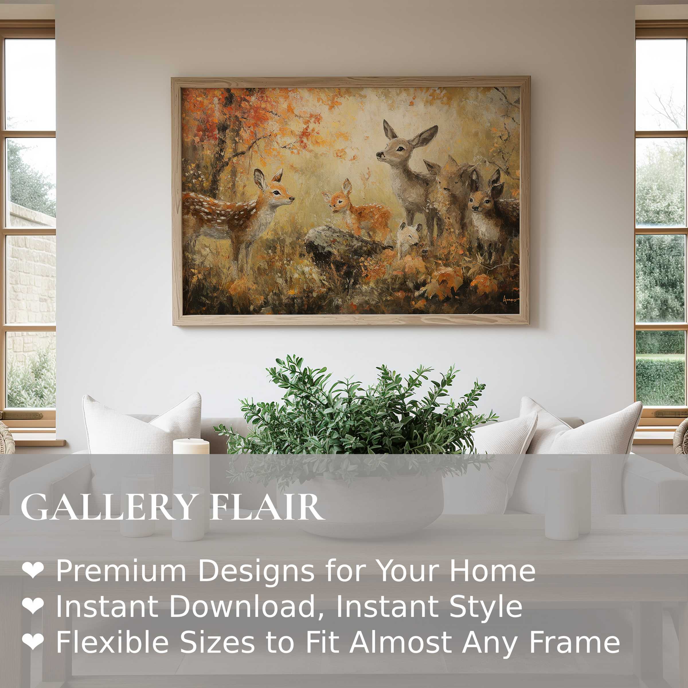 Fall wall art print featuring serene deer in warm amber tones, enhancing modern rustic interiors with a calming, nature-inspired ambiance